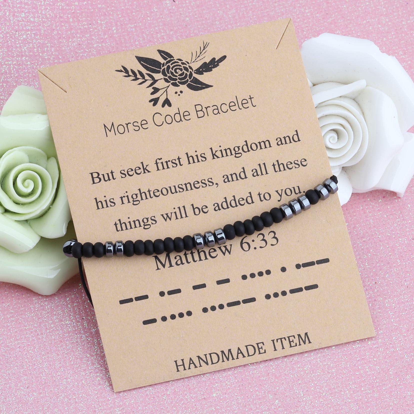 BEKECH BEKECH Matthew 6:33 Morse Code Bracelet Faith Jewelry Bible Verse Matthew 6:33 First His Kingdom and His Righteousness Gift (But seek first his kingdom)