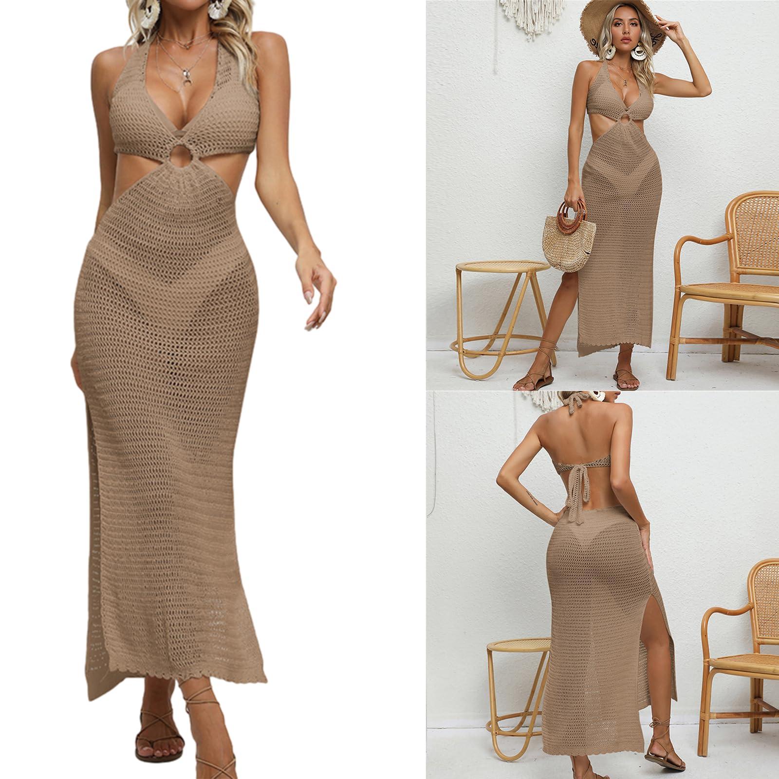 ZHENZQ ZHENZQ Womens Sexy Swimsuit Cover Hollow-Out Crochet Coverups V-Neck Bathing Suit Shirt Lace Up Bikinis Dress