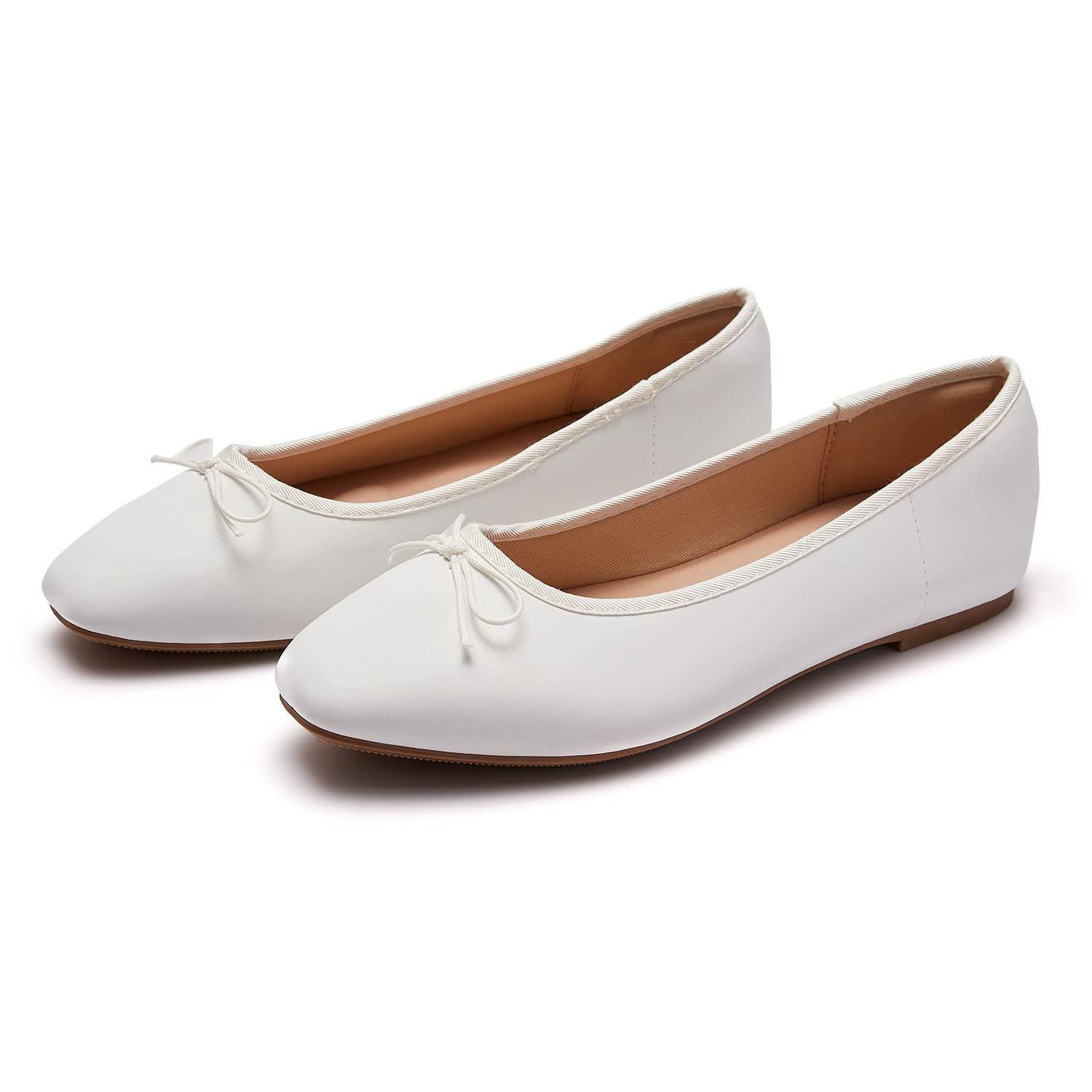AFEETSING AFEETSING Women's Round Toe Ballet Flats Comfortable Bow Dressy Flats Shoes for Women (A-White, Numeric_8)