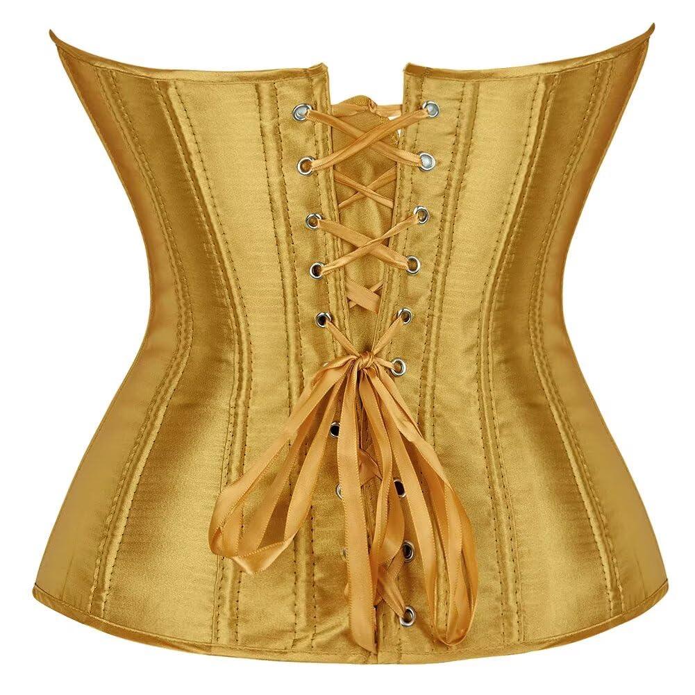Jutrisujo Yellow Corset Top Bustier Victorian Lace up Lingerie Women Overbust Renaissance Halloween Satin Plus Size Fashion XS