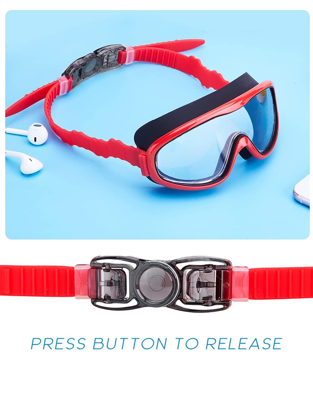 KAILIMENG KAILIMENG 2 Pack Kids Swim Goggles, Clear Wide View No-Leak Anti-Fog UV Protection Swimming Glasses with Nose Clip Earplugs for Toddlers Youth Child 3-15 Years Old (Pink & Red Blue, 2 Pack)