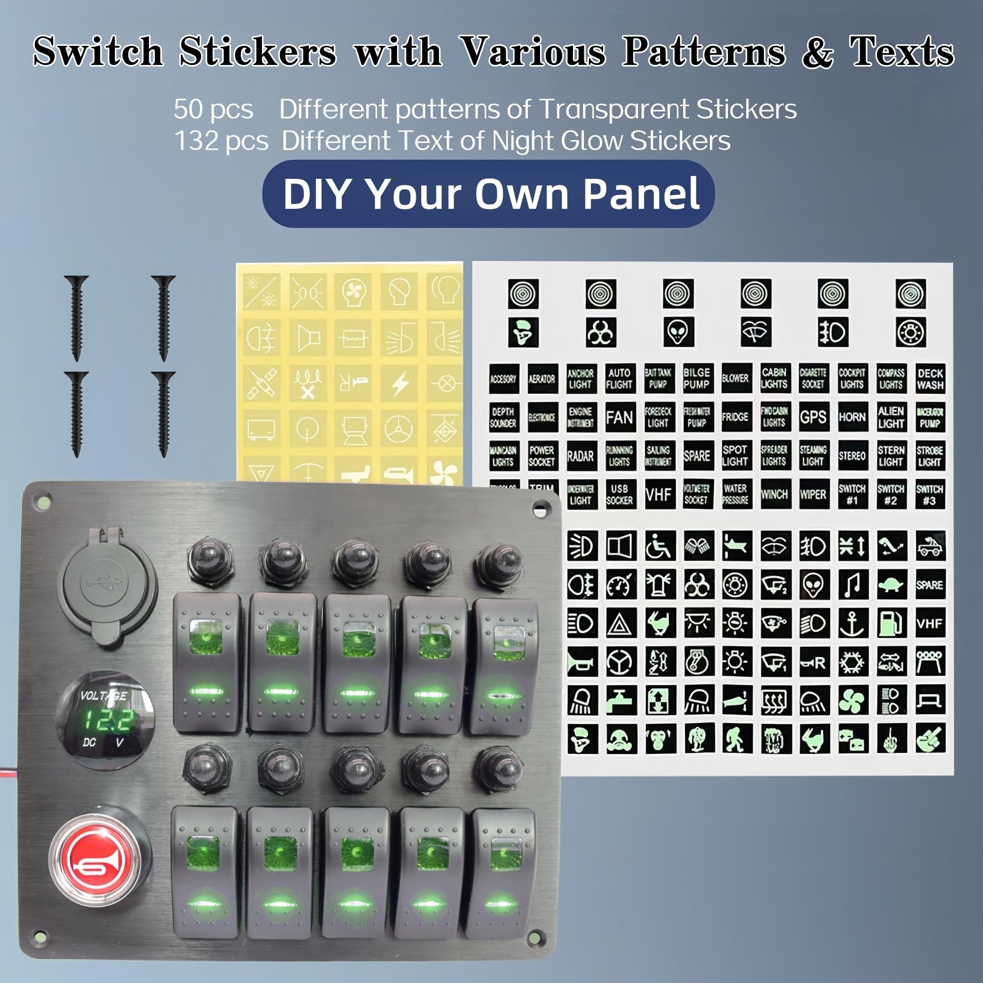 NineFit Basics 10 Gang Marine Rocker Switch Panel with Fuses, LED Voltmeter Dual USB Car Charger Power Socket Boat Horn Button 12V 24V RV Waterproof Switch Panel with Breakers for Truck Automotive (Green)