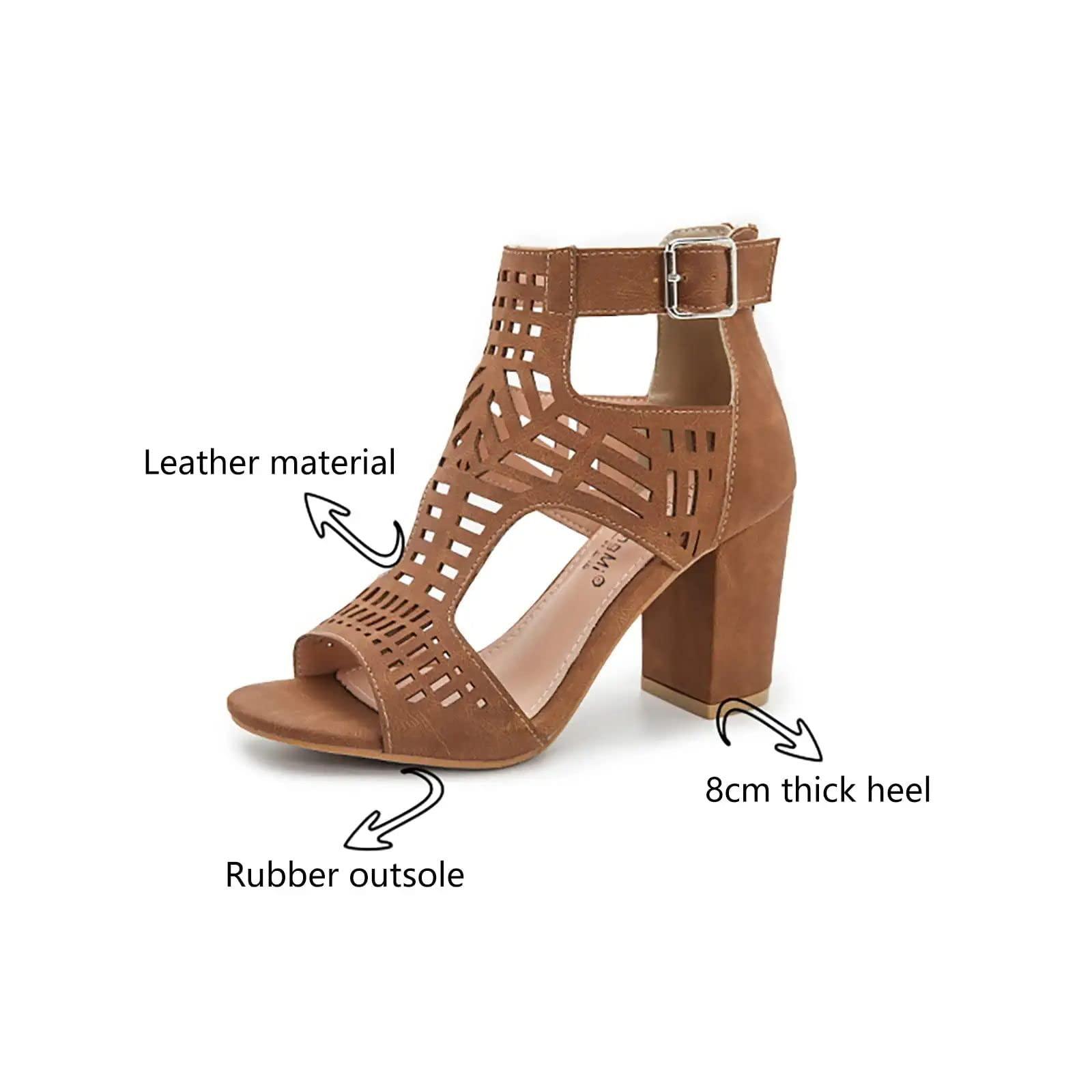 BORAMAX BORAMAX Chunky Heeled Sandals for Women Cutout Strappy Peep Toe Block Heels Buckle up Party Dressy Sandal Women Booties
