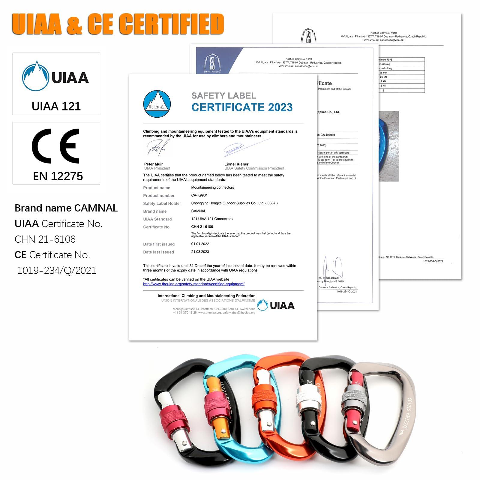 CAMNAL CAMNAL Heavy Duty Carabiner UIAA Certified Locking Carabiner 25KN (About 5620 lbs) Screw Lock Carabiner D Shape Carabiner Clip for Rock Climbing, Mountaineer, Aerial Work