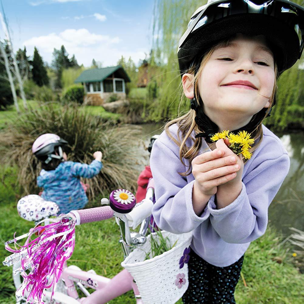 IEALODS Kids Bike Bell and Streamers for Girls - 1 Pack Flower Bicycle Bell with 2 Pack Bike Streamers for Children's Bike Accessories