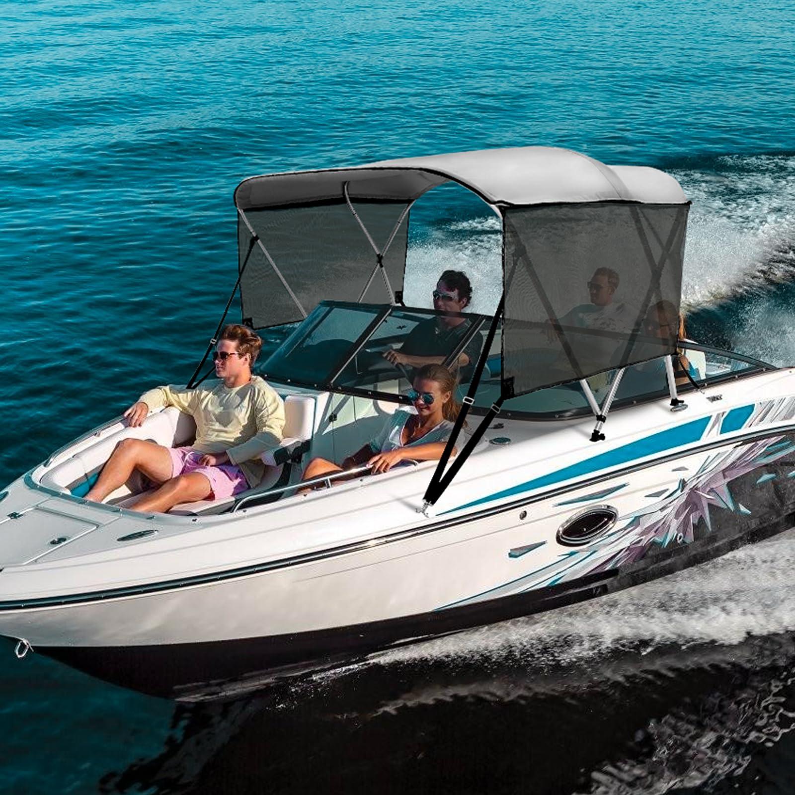 VEVOR VEVOR 3 Bow Bimini Top Boat Cover, Detachable Mesh Sidewalls, 600D Polyester Canopy with 1" Aluminum Alloy Frame, Includes Storage Boot, 2 Support Poles, 2 Straps, 6'L x 46" H x 61"-66" W, Light Grey