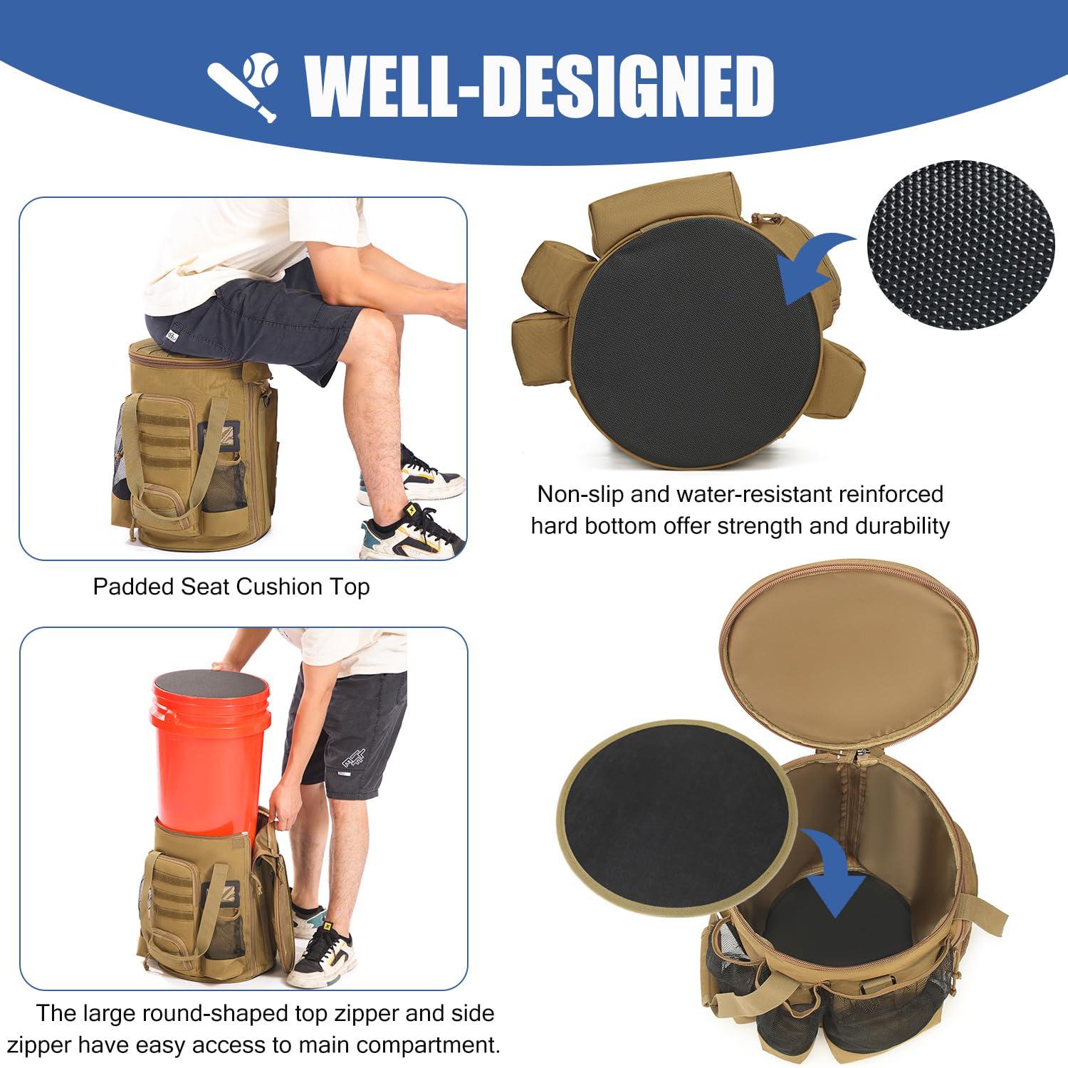 XINTREY XINTREY 6 Gallon Baseball Bucket Cover Organizer and Tactical Baseball Backpack, Softball Bat Bag w/Shoe Compartment for Men & Women