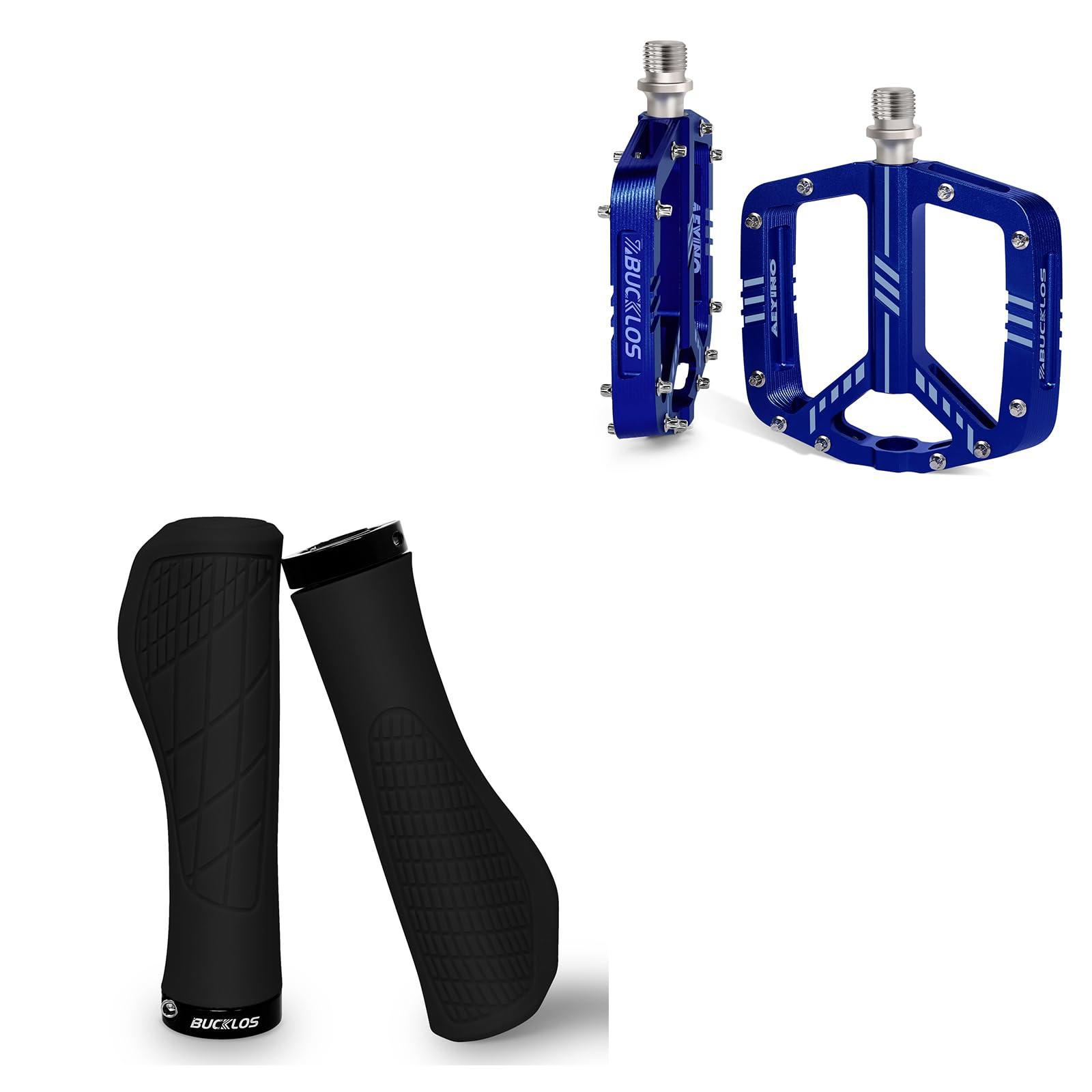 BUCKLOS BUCKLOS Mountain Bike Handlebar Grips Double Lock-on Bike Grips Anti-Slip Bicycle Handle and MTB Flat Aluminum Alloy Pedal with Large Platform -Non-Slip Pedals