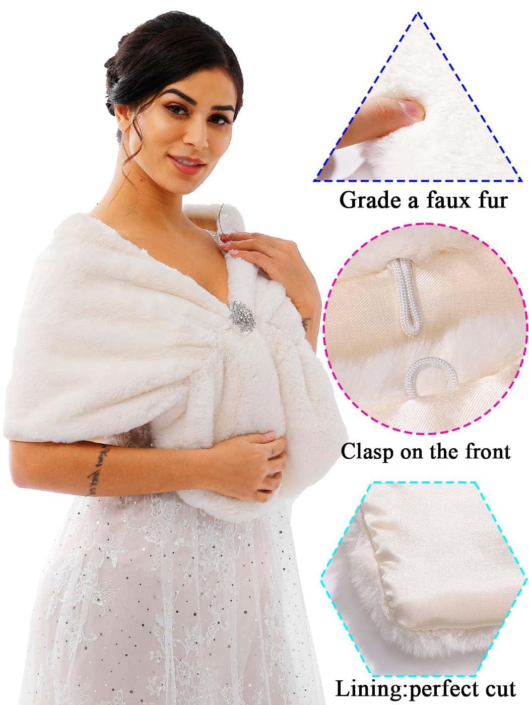 Zehope Zehope Wedding Faux Fur Shawl Wrap Winter Stole Shrug Bridal Evening Cape Scarf Cover Up for Bride and Bridesmaids (Ivory)