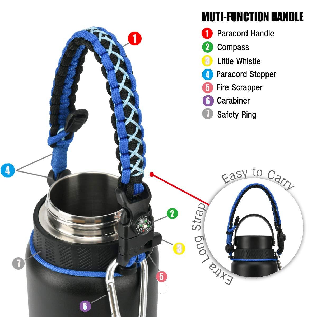 QeeCord QeeCord Paracord Handle Compatible with Hydro Flask 2.0 Wide Mouth Water Bottle Carrier with New Ring and Carabiner, 12oz, 16oz,18oz, 32oz, 40oz, 64oz (64 oz Wide Mouth, Blue)