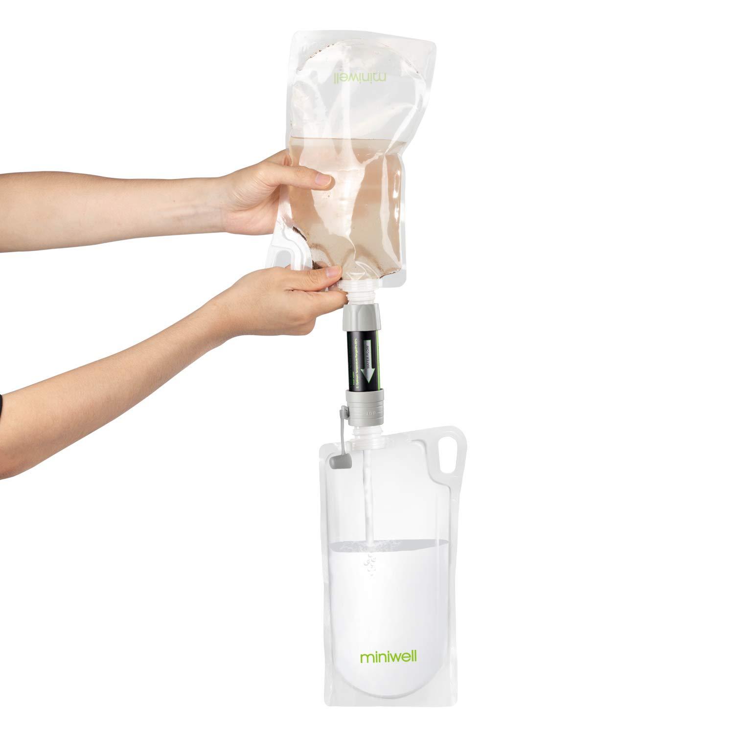 miniwell miniwell Gravity Water Filter Straw Ultralight Versatile Hiker Water Filter Optional Accessories. TUV Proven Emergency Kit Hurricane Storm Supplies. (Water Filter with Collapsible Bottles in Grey)