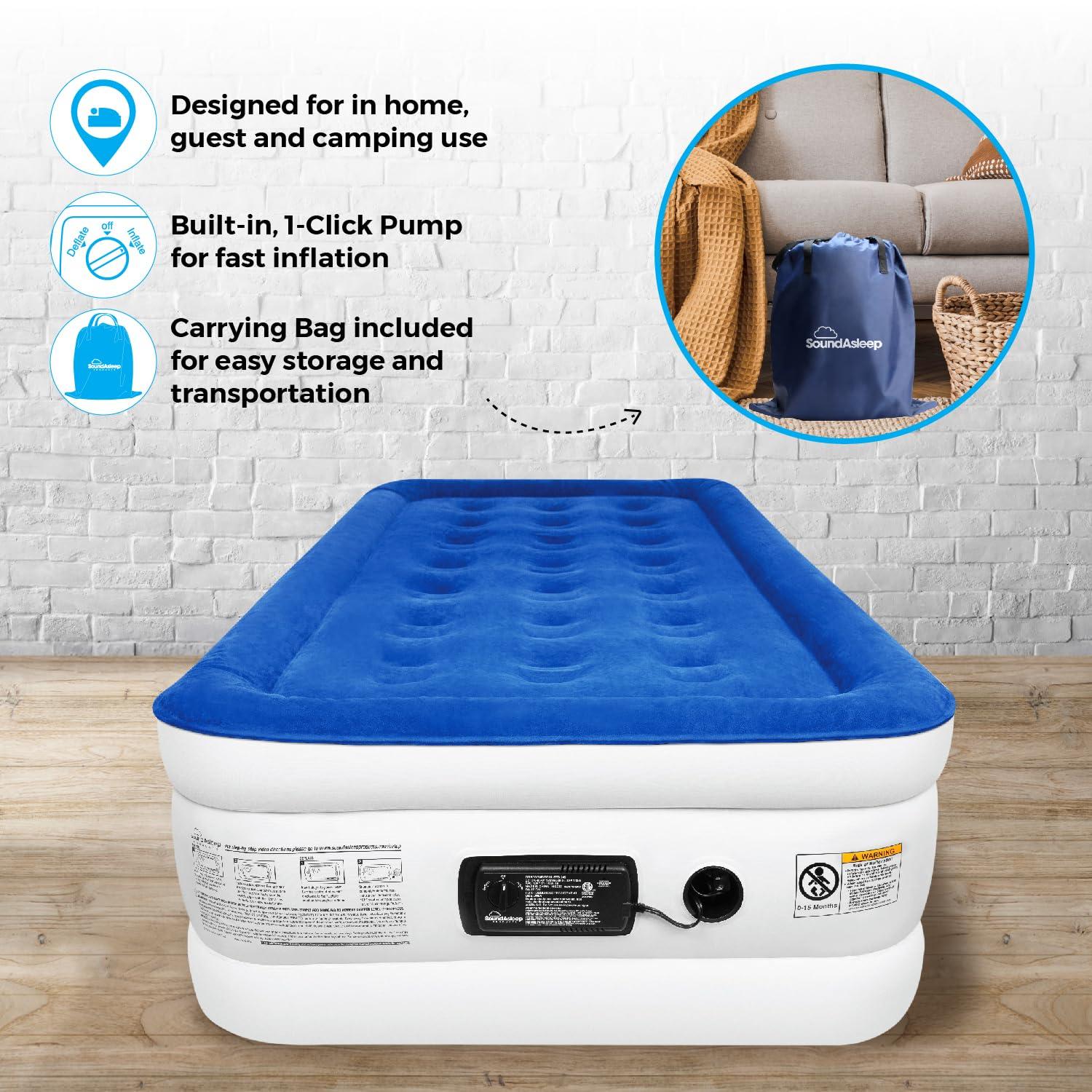 SoundAsleep Products SoundAsleep Dream Series Luxury Air Mattress with ComfortCoil Technology & Built-in High Capacity Pump for Home & Camping- Double Height, Adjustable, Inflatable Blow Up, Portable - Twin Size