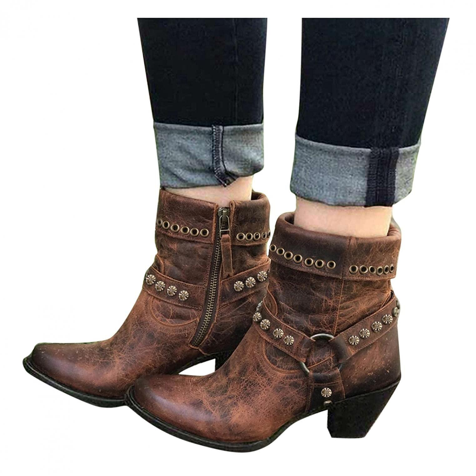 Bcshiye Bcshiye Women's Ankle Bootie,Fashion Vintage Slip on Pointed Toe Mid Heel Booties Thick Heel Western Boots for Women