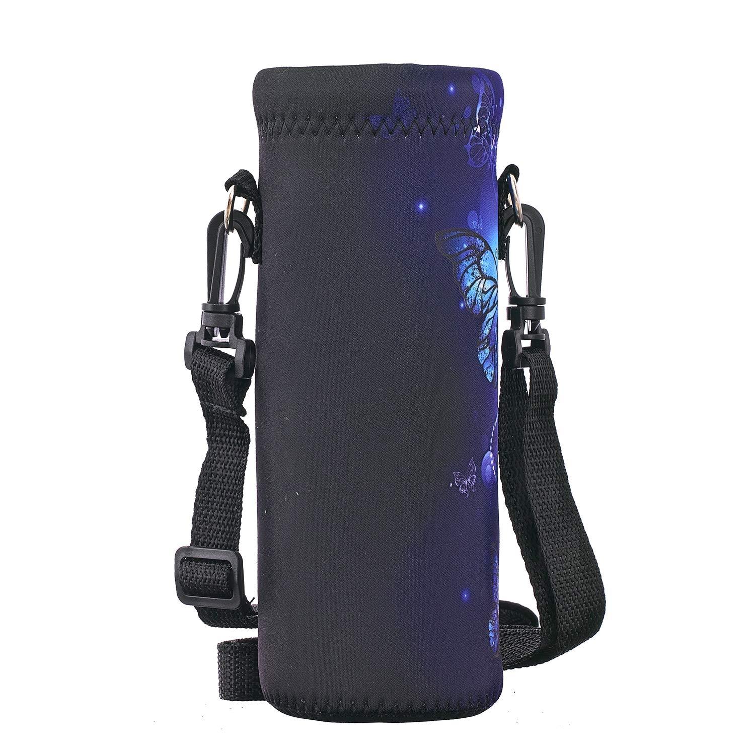RICHEN RICHEN Neoprene Water Bottle Carrier Bag with Adjustable Shoulder Strap, Insulated for 750ml/24oz Stainless Steel/Glass/Plastic Bottles (Blue Butterflies, 750ml)