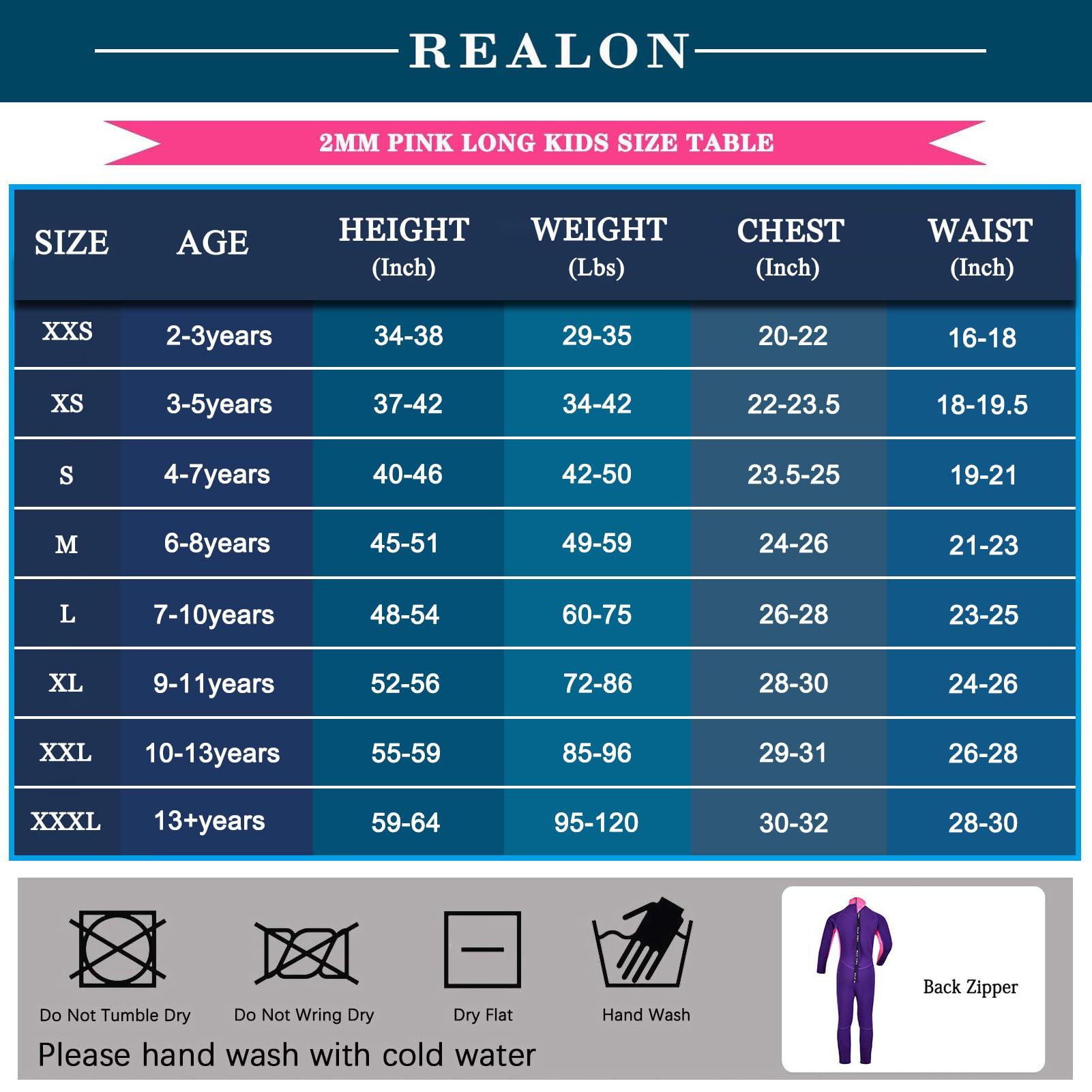 REALON REALON Kids Full Wetsuit Toddler Boys Girls and Youth 2.5mm 3mm Neoprene Child Wet Suit Back Zipper Thermal Swimsuits for Diving Surfing Swimming Water Sprot