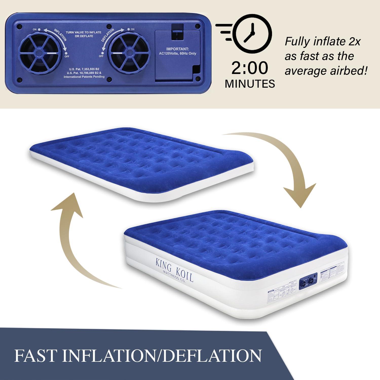 King Koil King Koil Luxury Queen Air Mattress with Built-in Pillow & Ultra-Fast Built-in High-Speed Pump, 20 Inflatable Premium Airbed, Waterproof, Adjustable Firmness, 1-Year Manufacturer Warranty