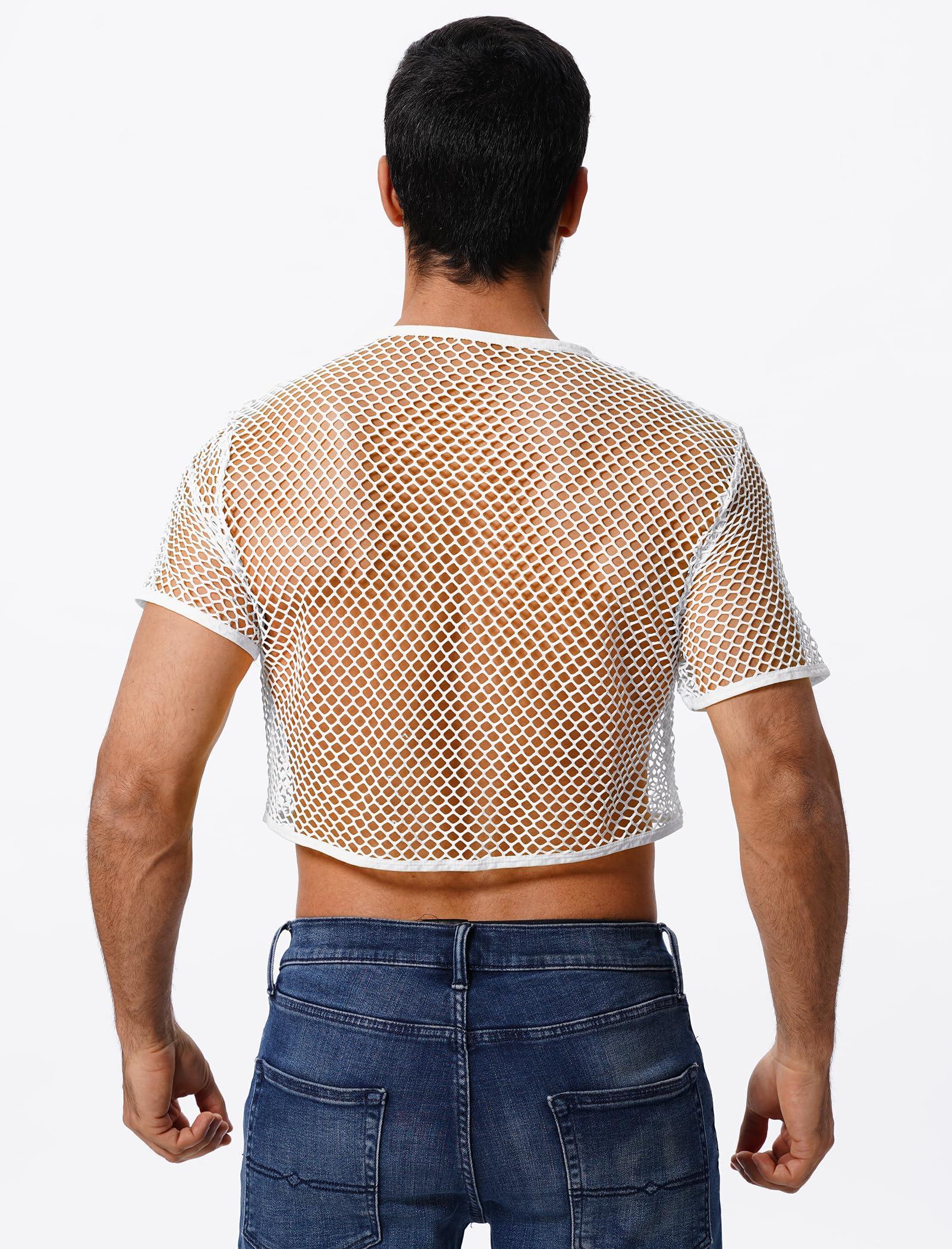 FYMNSI FYMNSI Men's Fishnet Top Mesh Tee Shirt Short Sleeve Round Neck Crop Top Party Club Rave Outfits for Men Muscle Workout Tank Tops See Through Undershirt Gym Training Sports Half Shirt Tops White XXL