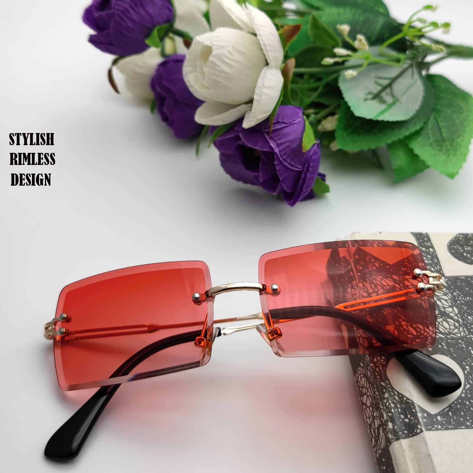 Mriendao Mriendao Red Sunglasses for Women Men Fashion Retro 90s Rimless Rectangle Tinted Sun Glasses Shades UV400