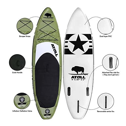 Atoll Atoll Inflatable Paddle Board with Premium SUP Stand Up Paddle Board Accessories & Back Pack, Non-Slip Comfort Deck for Unisex Adult - 11ft (Army Green)