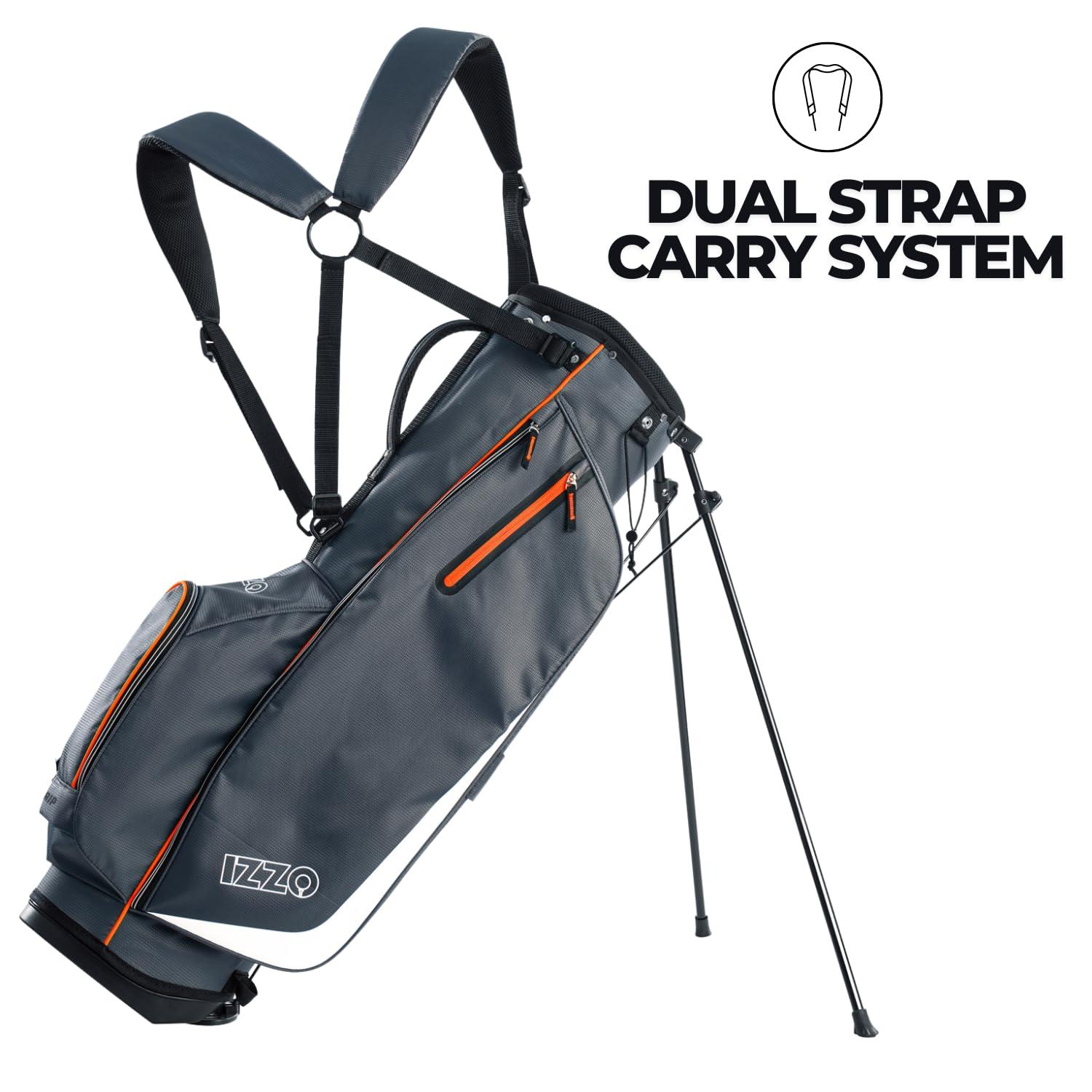 Izzo IZZO Golf Ultra-Lite Stand Golf Bag with Dual-Straps & Exclusive Features, Grey/Orange, 3.2 pounds