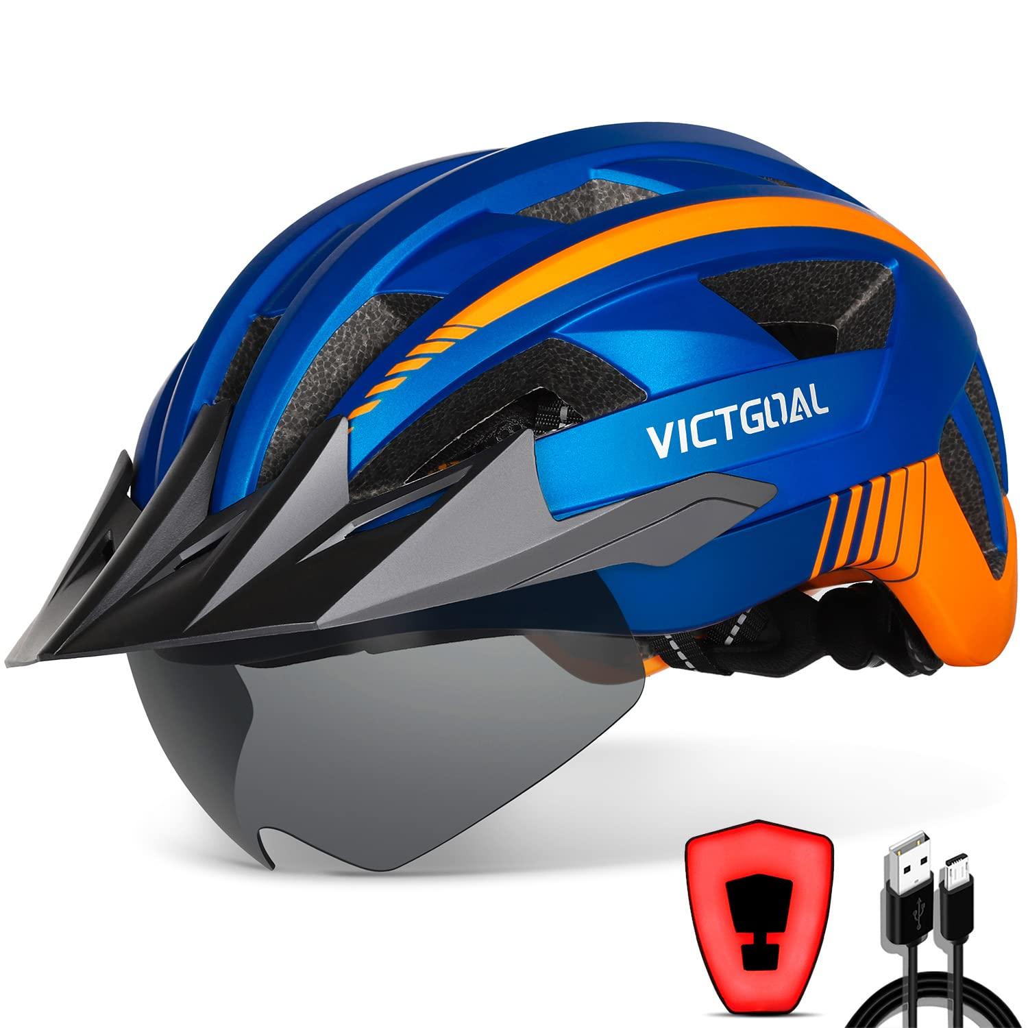 VICTGOAL VICTGOAL Bike Helmet with USB Rechargeable Rear Light Detachable Magnetic Goggles Removable Sun Visor Mountain & Road Bicycle Helmets for Men Women Adult Cycling Helmets (L: 57-61 cm, Blue)