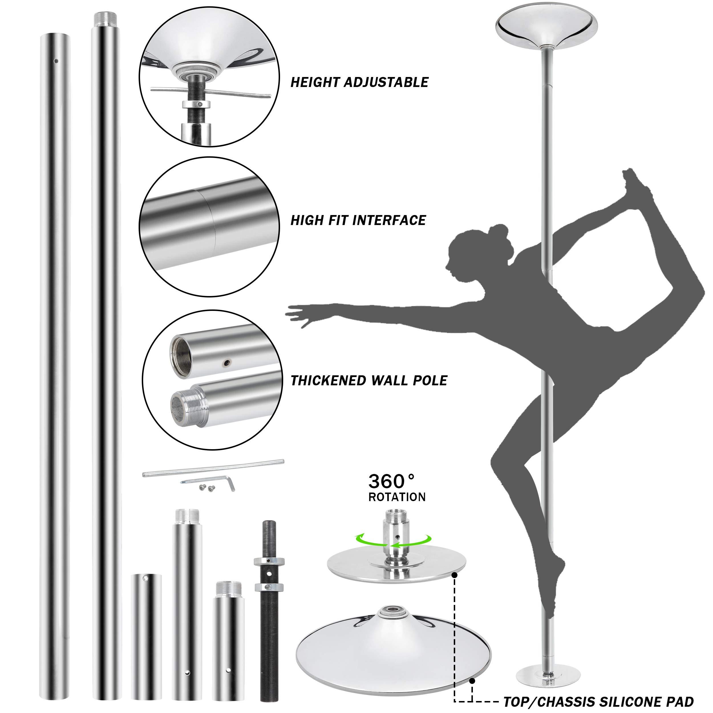 Saturnpower Saturnpower Stripper Pole Spinning Static Dance Pole 45 mm Portable Removable Dancing Pole Kit with Extension for Beginner Professional Exercise Club Party Pub Home Gym Fitness, Silver