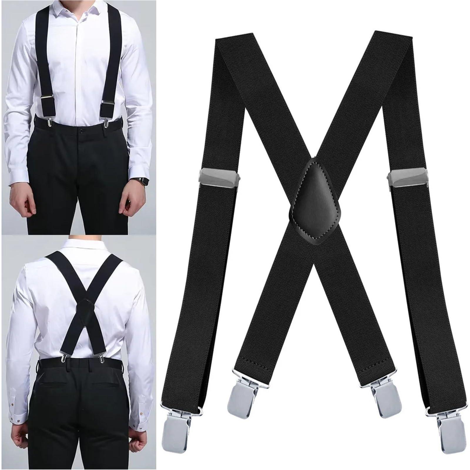 Gwroyx Heavy Duty Big and Tall Suspenders for Men,Wide X-Back 4 Strong Clips, Adjustable Elastic Trouser Braces Strap Belts(Black)