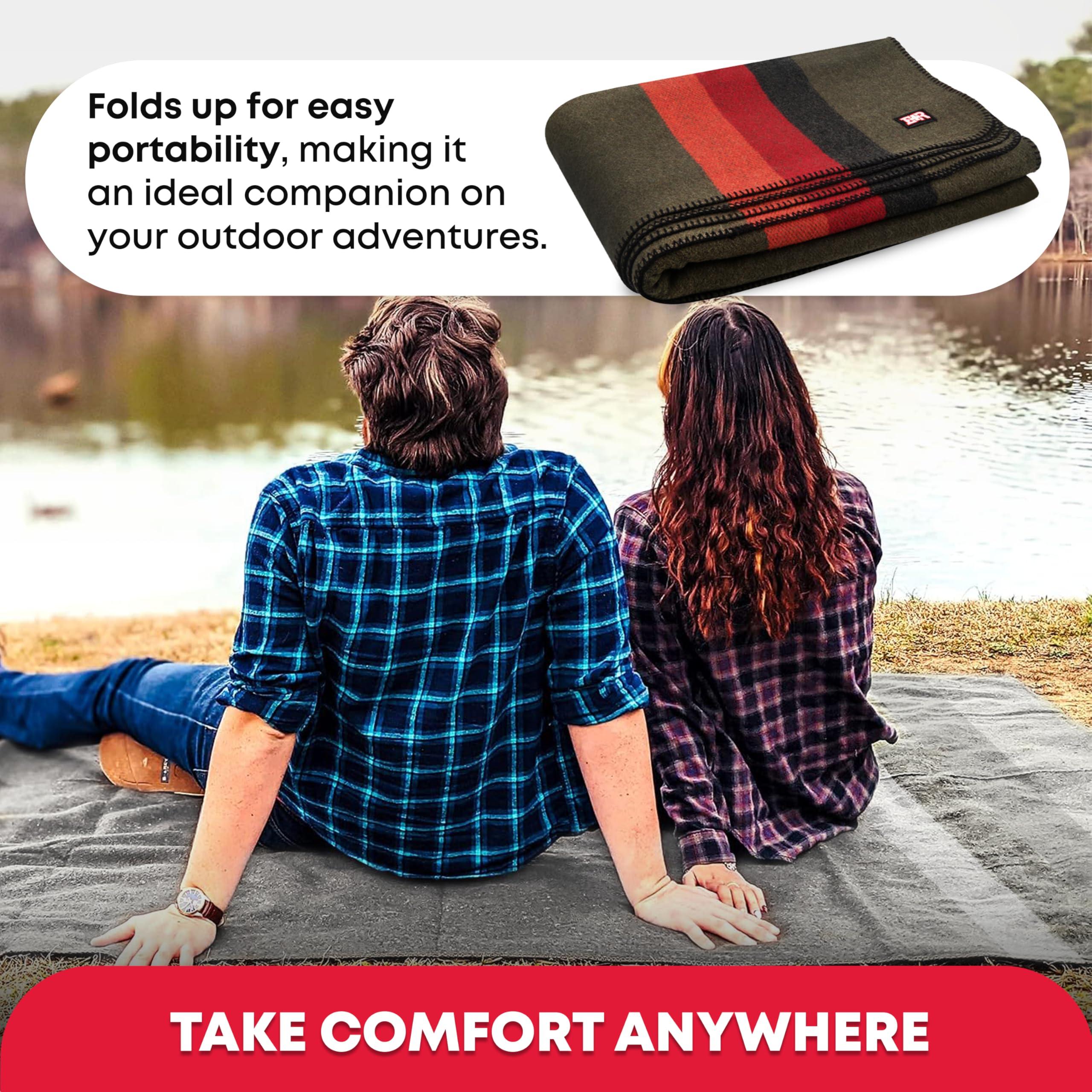 Ever Ready First Aid Military Wool Blanket - 95% Wool, Washable, Perfect for Outdoors, Travel, Car & Bushcraft Emergency Blanket, 96" x 96" 6.65 lbs. - Olive Drab Green with Stripes - Queen Size