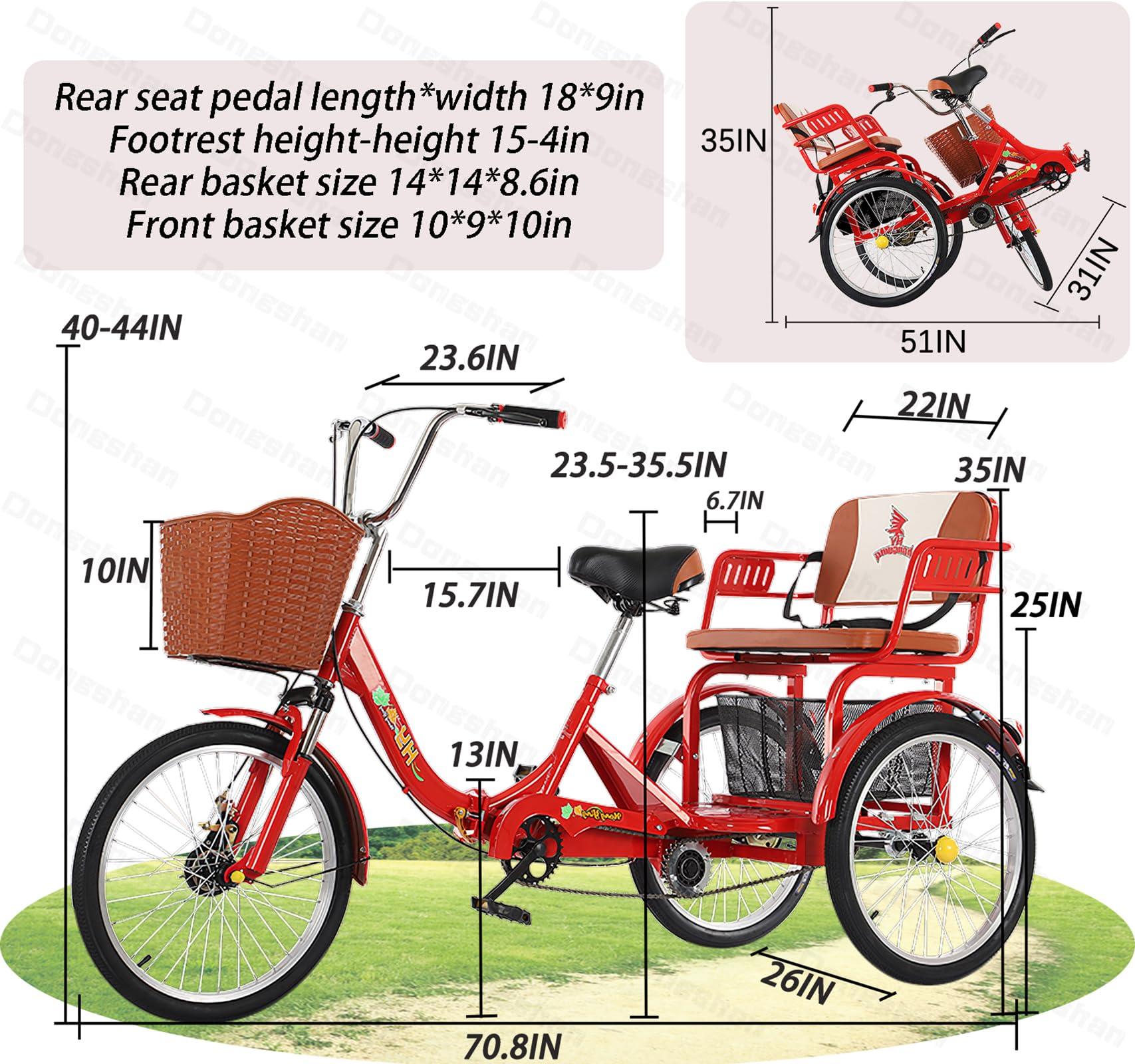 DONGSHAN Adult Tricycle Folding Bicycle Comfortable seat 3 Wheel Bicycle Rear Enlarged Vegetable Basket Double Chain 20inch Shock Absorber Front Fork for Parents and Children Maximum Load 440lbs (Red)