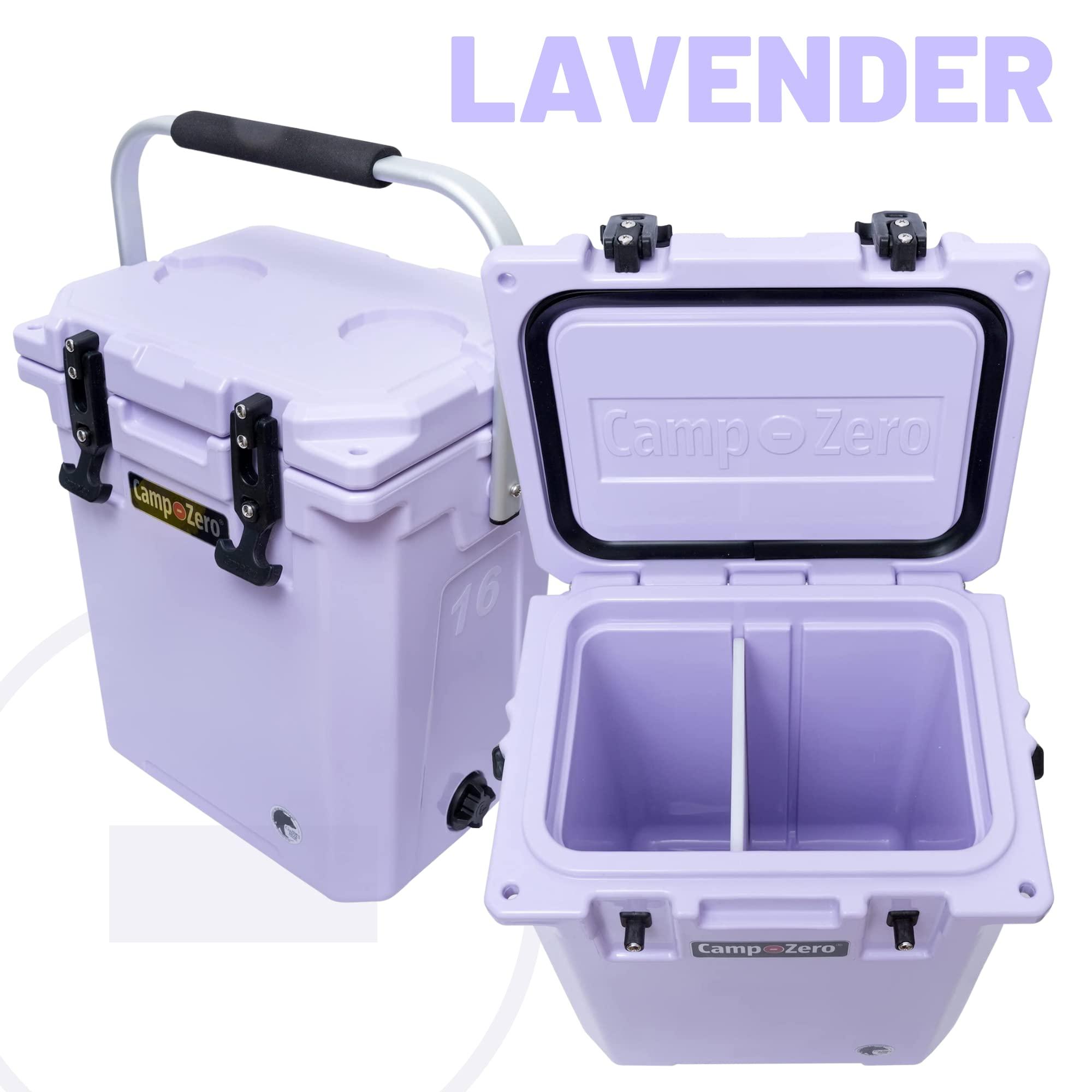 CAMP-ZERO CAMP-ZERO 16L Tall Cooler/Ice Chest with 2 Molded-in Cup Holders & Folding Aluminum Handle | Thick Walled, Freezer Grade Cooler with Secure Locking System & Removable Divider (Lavender)