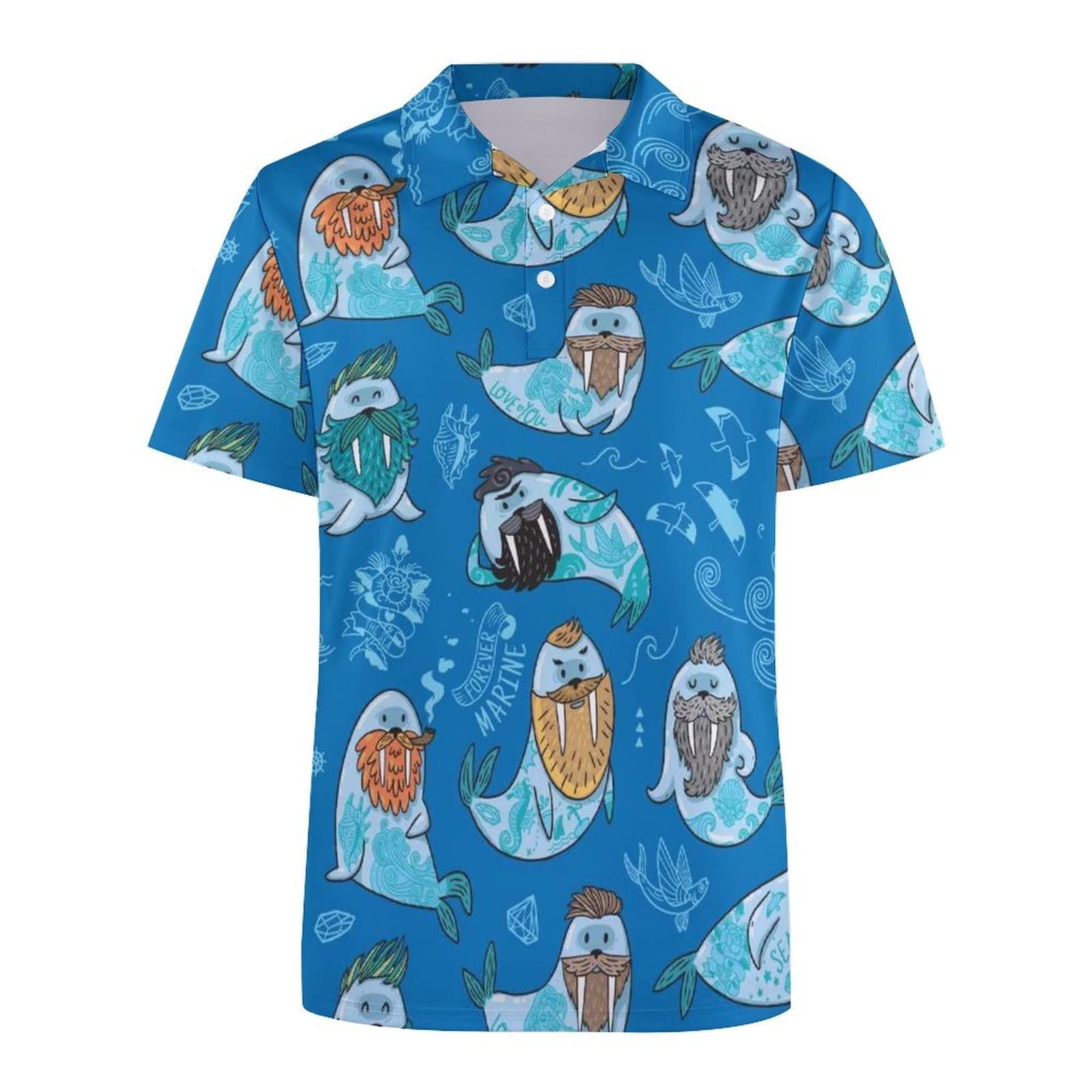 BAIKUTOUAN BAIKUTOUAN Walrus with Mustache and Tattoo Men\'s Golf Polo-Shirt Short Sleeve Jersey Tees Casual Tennis Tops 3XL