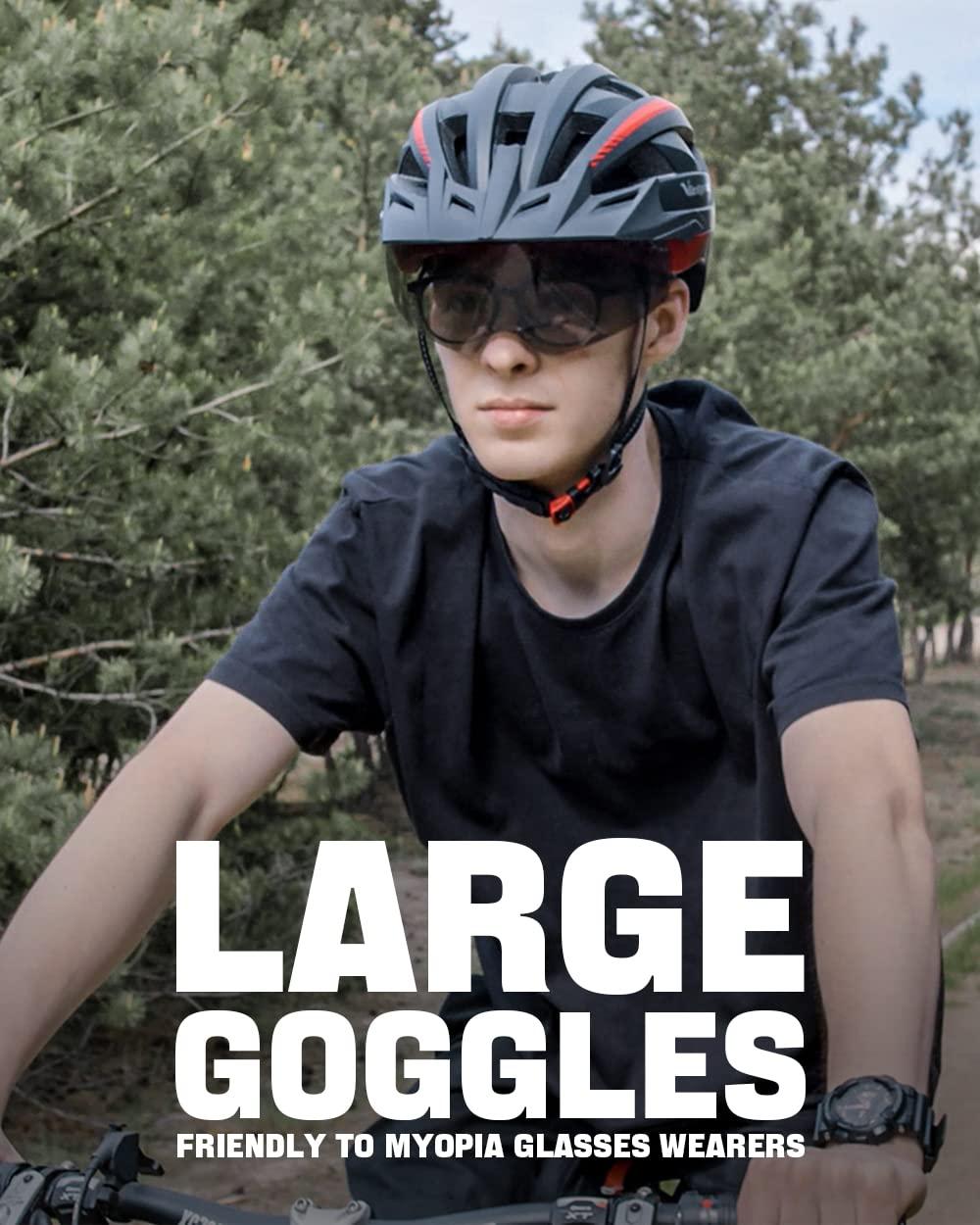 VICTGOAL VICTGOAL Bike Helmet with USB Rechargeable Rear Light Detachable Magnetic Goggles Removable Sun Visor Mountain & Road Bicycle Helmets for Men Women Adult Cycling Helmets (L: 57-61 cm, Blue)