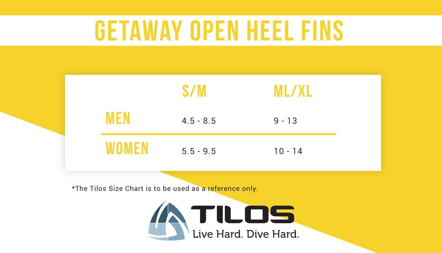 Tilos Tilos Getaway Large Open Heel Snorkeling Fins - Travel-Friendly, Adjustable Flippers for Wide Feet (Yellow, S/M (4.5 - 8.5))