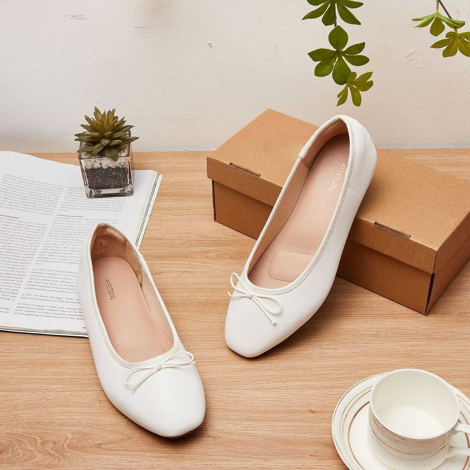 AFEETSING AFEETSING Women's Round Toe Ballet Flats Comfortable Bow Dressy Flats Shoes for Women (A-White, Numeric_8)