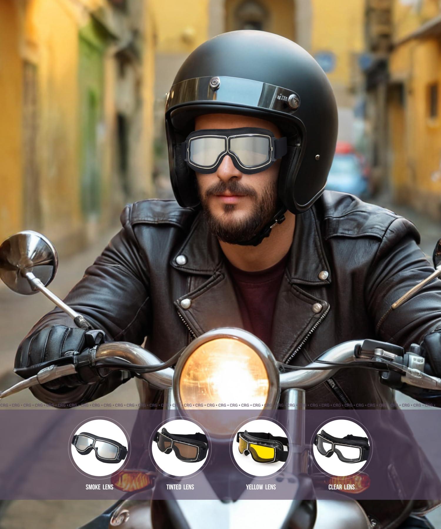 CRG Sports CRG Sports Motorcycle Goggles Vintage Aviator Pilot Style Leather Cruiser Scooter Motocross Goggles for Men, Women,Adults