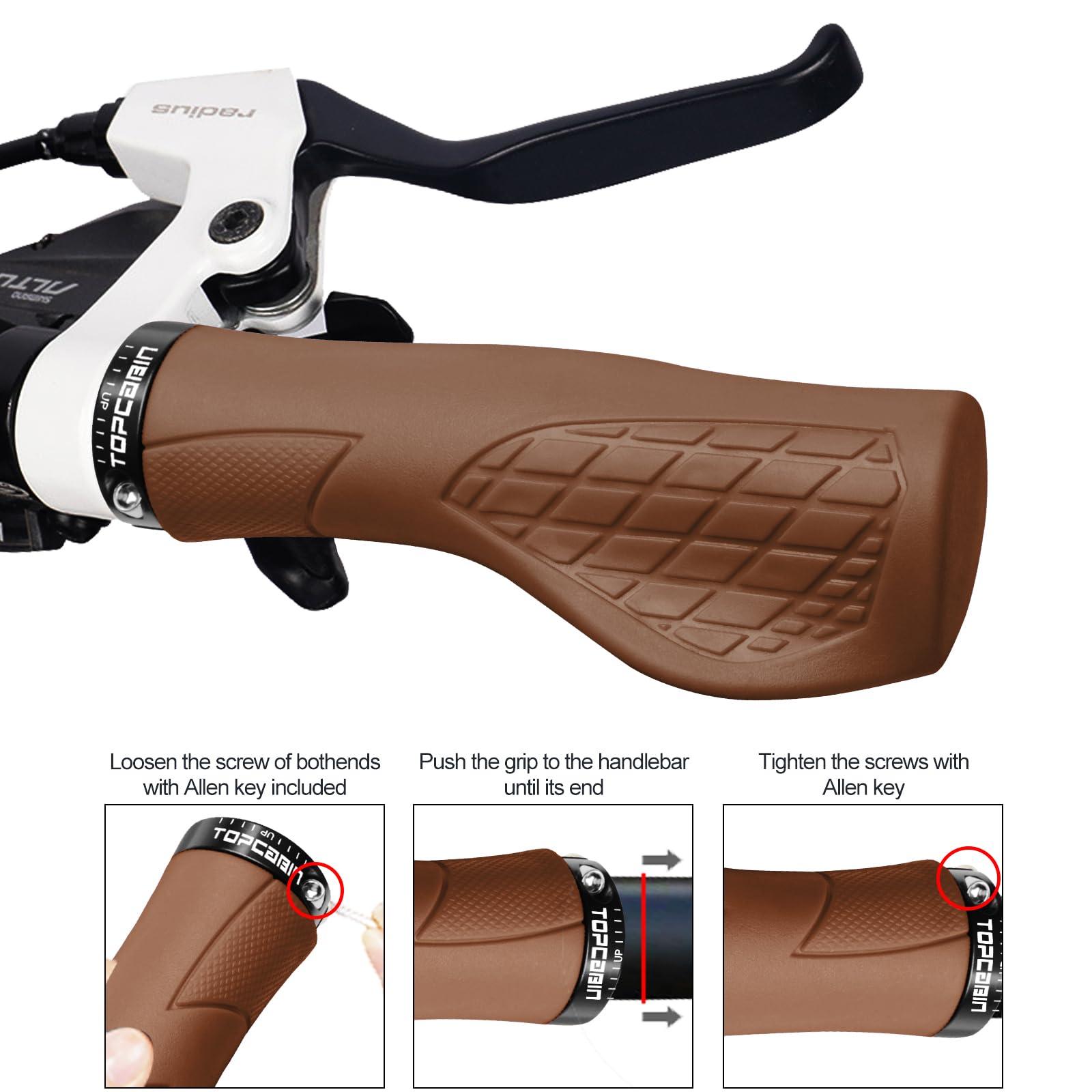 TOPCABIN TOPCABIN Bicycles Handlebar Grips, Aluminum Lock-on Ergonomic Bike Grips, Cushion Vibrations Comfort Bike Handlebar Grips, Mountain MTB BMX Bicycles Grips for Scooter (Ergonomic Rubber(Brown))