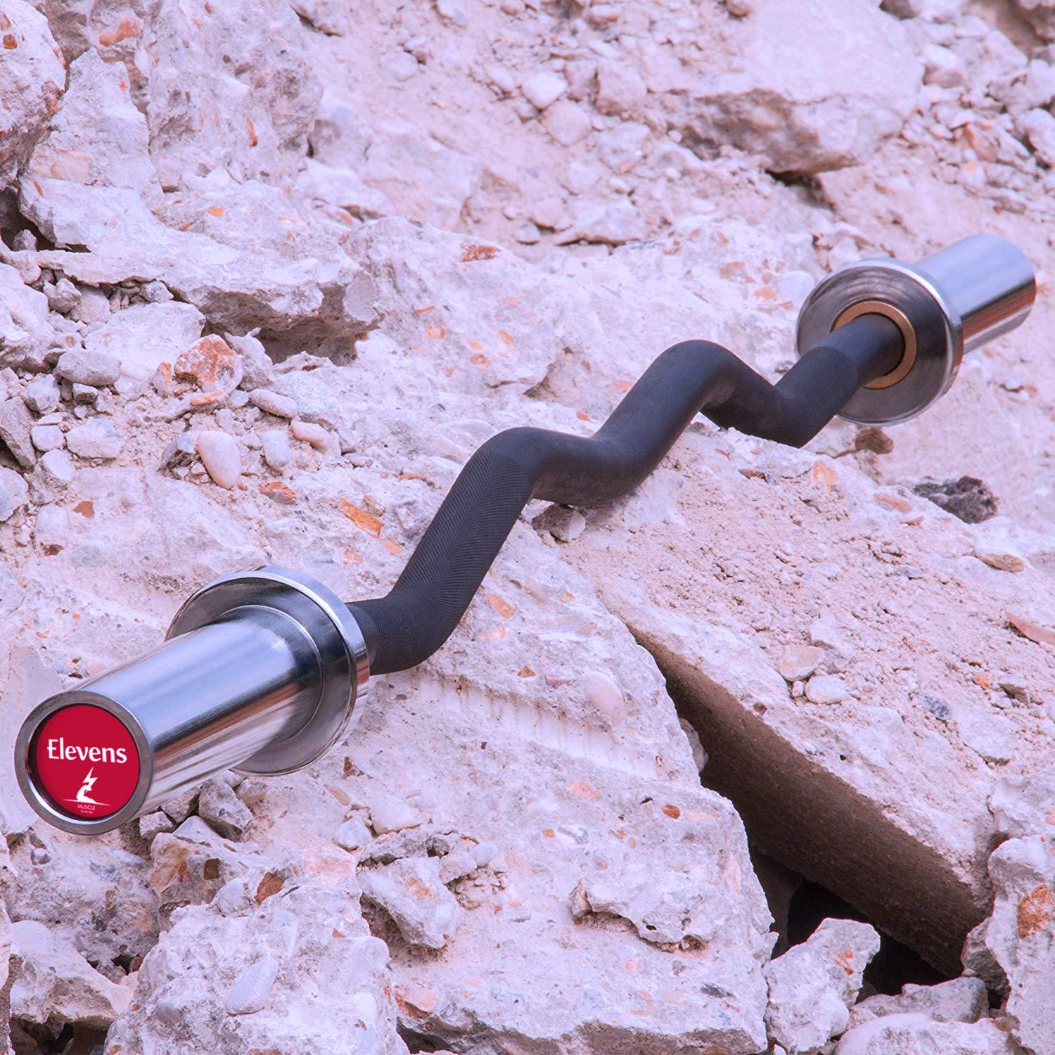 Elevens Elevens Solid Olympic EZ Curl Bar Bicep Curls Triceps Extensions Home Gym Fitness Exercise Weight Lifting Bar, 47 Inch