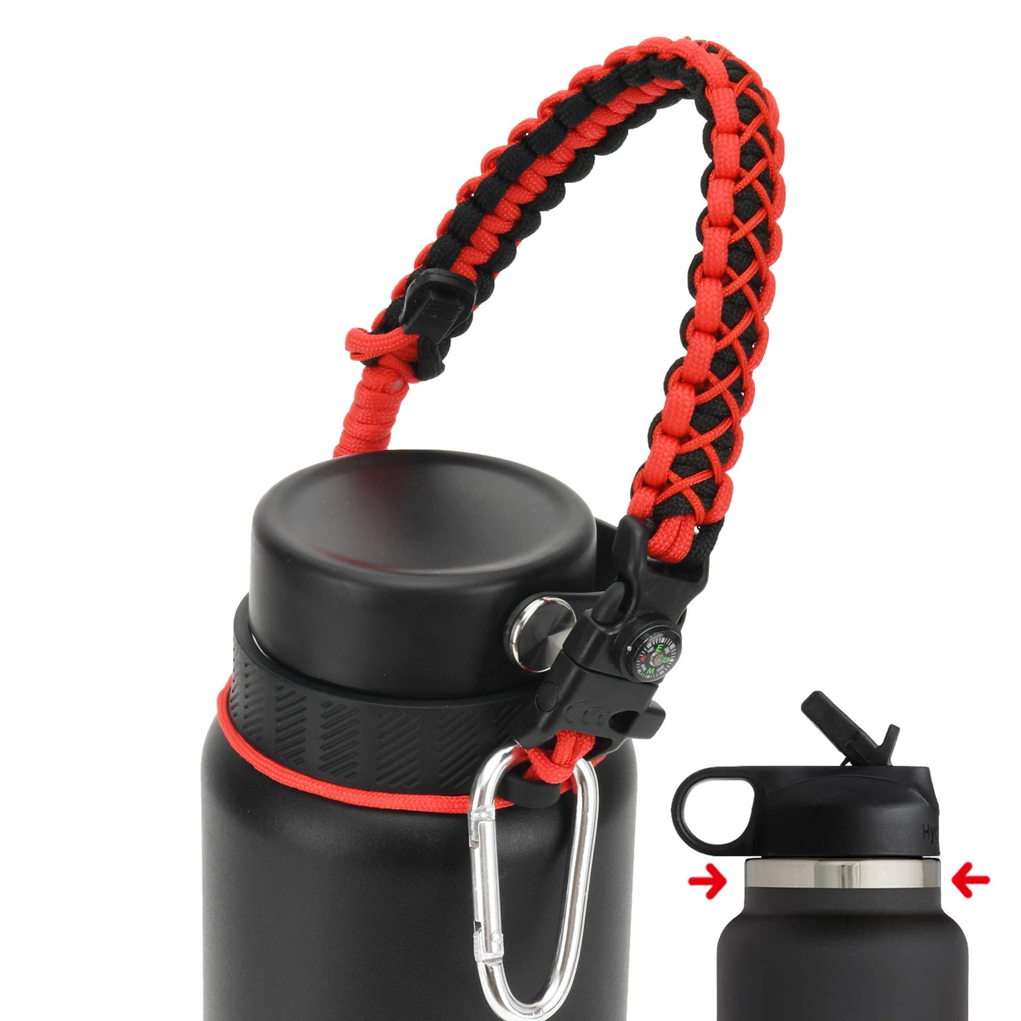 QeeCord QeeCord Paracord Handle Compatible with Hydro Flask 2.0 Wide Mouth Water Bottle Carrier with New Ring and Carabiner, 12oz, 16oz,18oz, 32oz, 40oz, 64oz (12 oz- 20 oz Wide Mouth, Red)