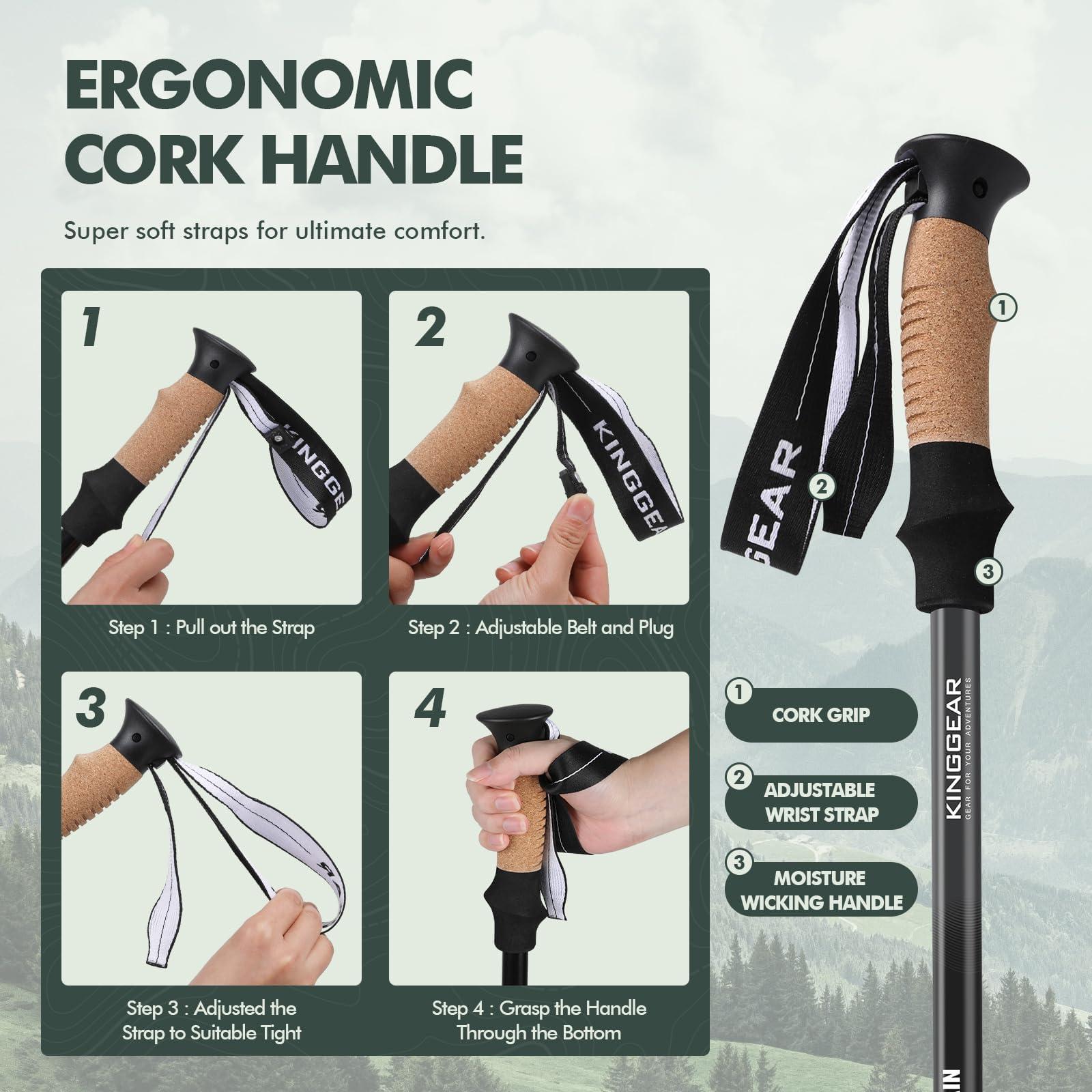 KINGGEAR KINGGEAR Nordic Walking Stick, TP1 Hiking Poles Retractable Lightweight 7075 Aluminum, Trekking Poles with Flip Lock, Natural Cork and EVA Grip, 2pc Hiking Gear