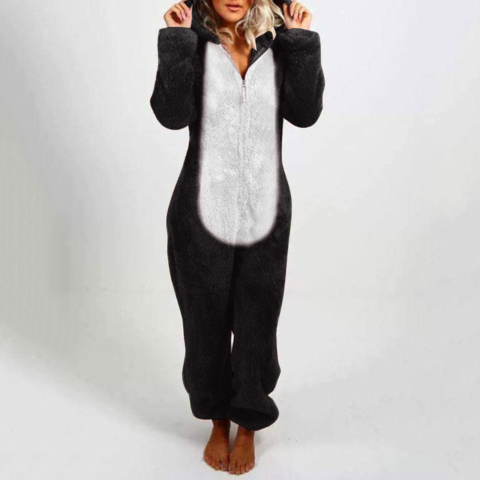 Auwer Onesie Adult Pajamas Women Cute Animal Warm Sherpa One Piece Sleepwear Womens Hooded Jumpsuit Loungewear Black