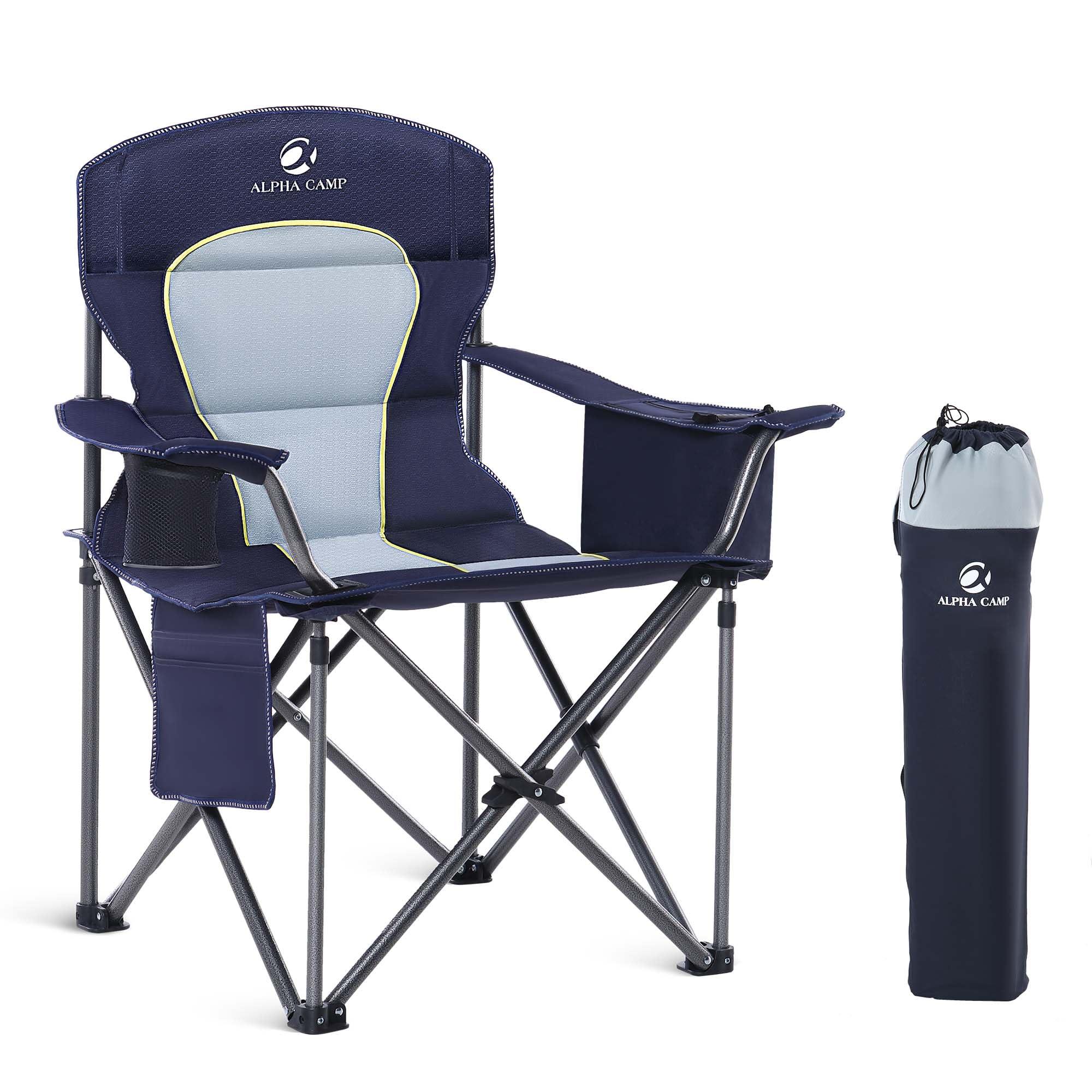 GREEN PARTY GREEN PARTY Folding Camping Chair Oversized Heavy Duty Lawn Chair with Cooler Bag, Cup Holder, Storage Pocket, Collapsible Padded Outdoor Arm Chair, Quad Lumbar Back Chair Supports 450LBS