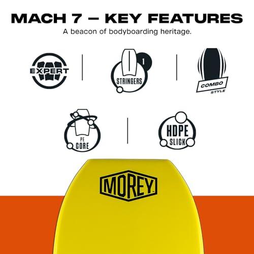 Morey Morey Mach 7 Bodyboard - PE Core, TC8 Deck, HDPE Slick, Single Power Rod Stringer, Crescent Tail, with Channels for Bodyboarding Surfing Waves Ocean Summer Fun Beach (42")