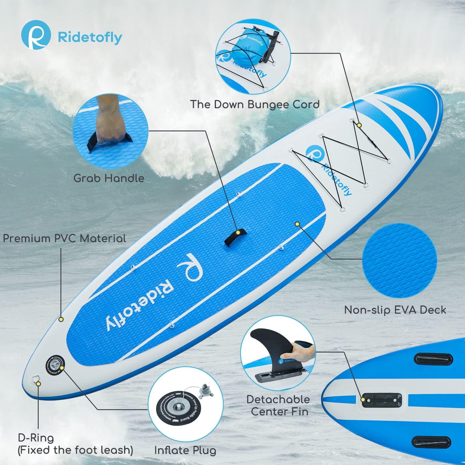 Ridetofly Ridetofly SU01 Stand Up Paddle Board, 10.6\'x32\'\'x6\'\' Inflatable Paddle Board with SUP Accessories, Included Hand Pump, Adjustable Paddle/Seat, Waterproof Bag, for Yoga, Fishing, Touring, Light-Blue