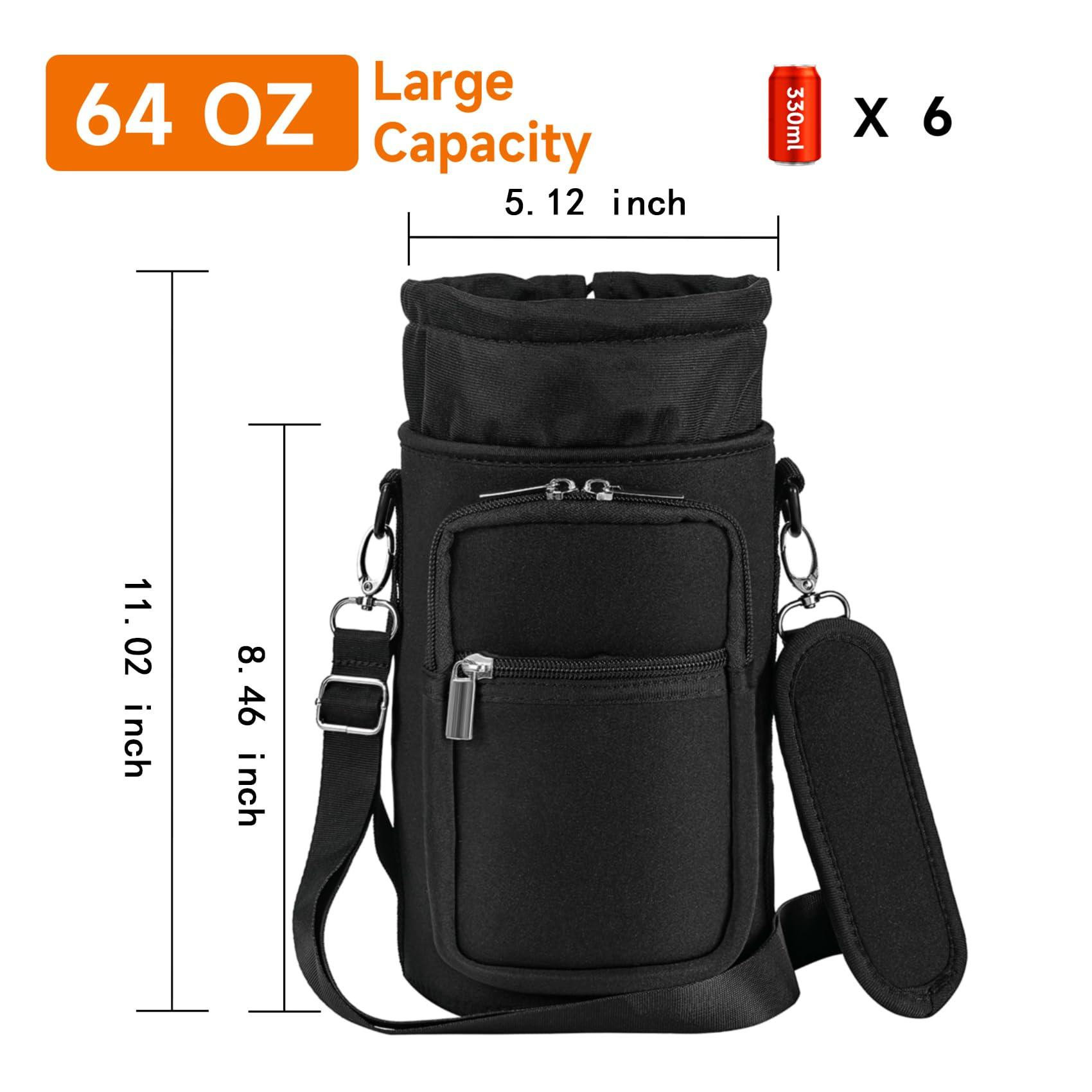 AceTreker AceTreker 64 oz /87 oz/128 oz Neoprene Water Bottle Sleeve for Insulated Metal Water Jug Bottles, Carrier Sling Bag with Adjustable Shoulder Strap & Paracord Handle and 2 Pocket for Walking-Black