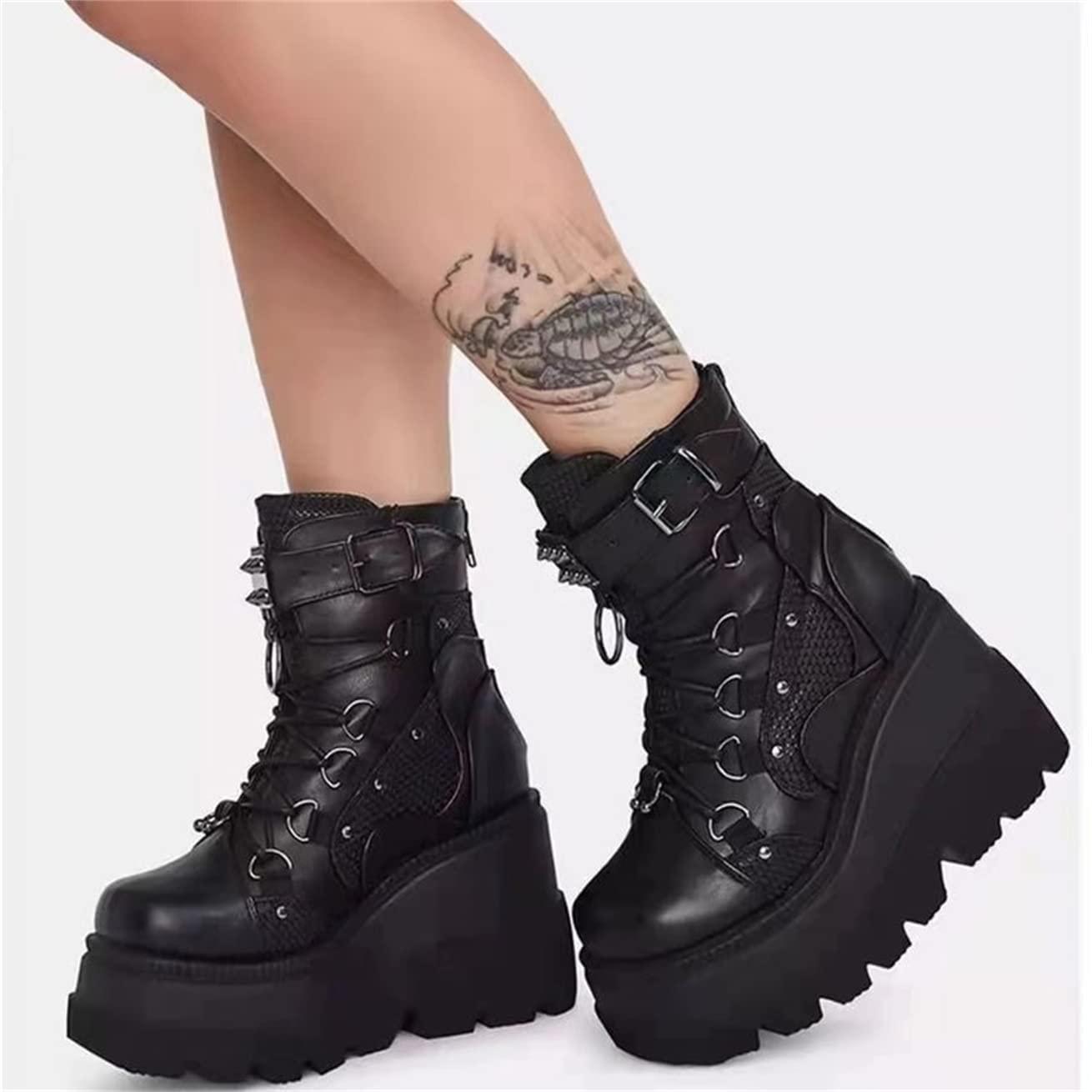 ZBYY ZBYY Women\'s Combat Ankle Boots Zipper Lace Up Chunky Military Platform Shoes Wedge Heel Studded Goth Mid Calf Combat Booties