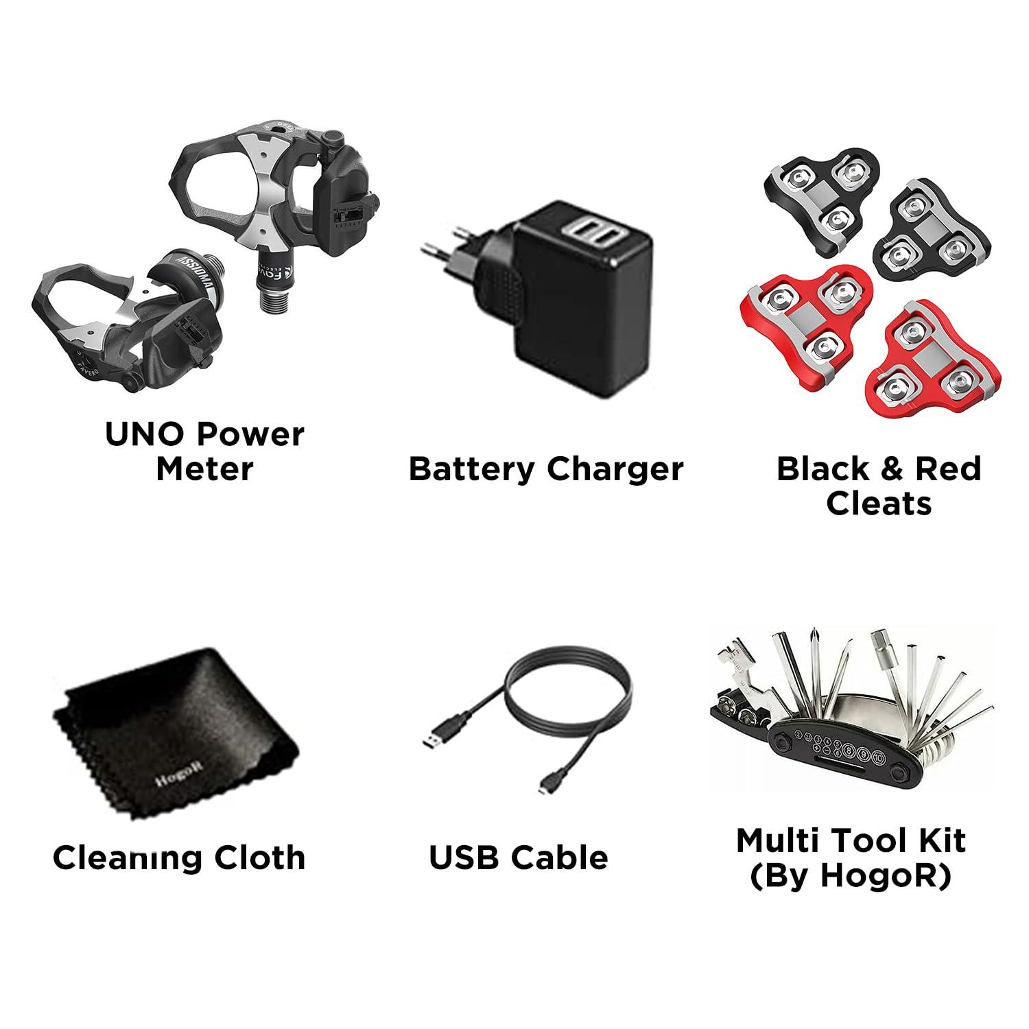 HogoR FAVERO Assioma UNO Upgraded Single-Sided Power Meter Pedals | Waterproof | Bluetooth and ANT+ Connectivity | Bundled with 1 Pair of Black Cleats, 1 Pair of Red Cleats and Cleaning Cloth