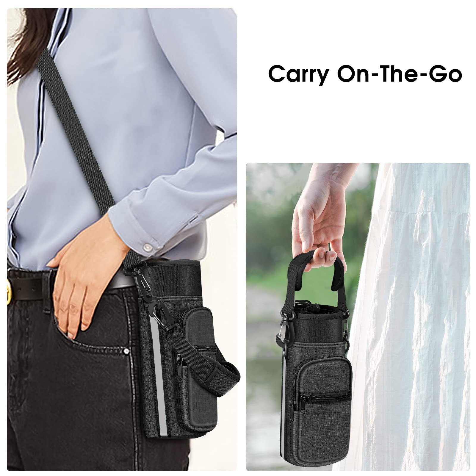 CaseBot CaseBot Water Bottle Carrier Bag Sling Case, Sports Water Bottle Pouch Holder Sleeve with Adjustable Shoulder Hand Strap and 2 Pockets for Men Women Hiking Camping Travelling, Black