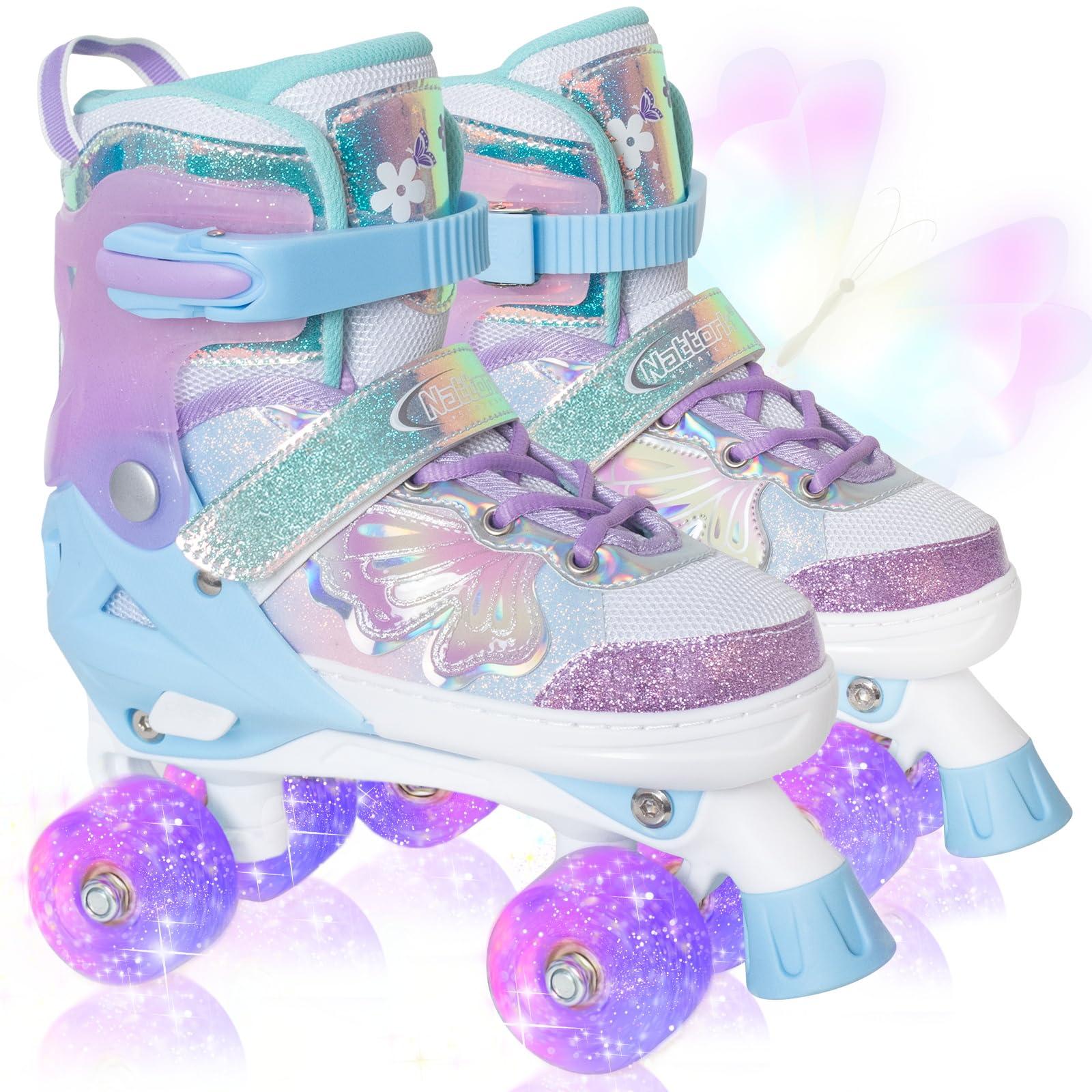 Nattork Kids Roller Skates for Girls Boys - Purple for Toddlers Age 3 4 5 - Adjustable All Light up Wheels Butterfly and Flower Indoor Outdoor Sports Birthday Gift for Son and Grandson