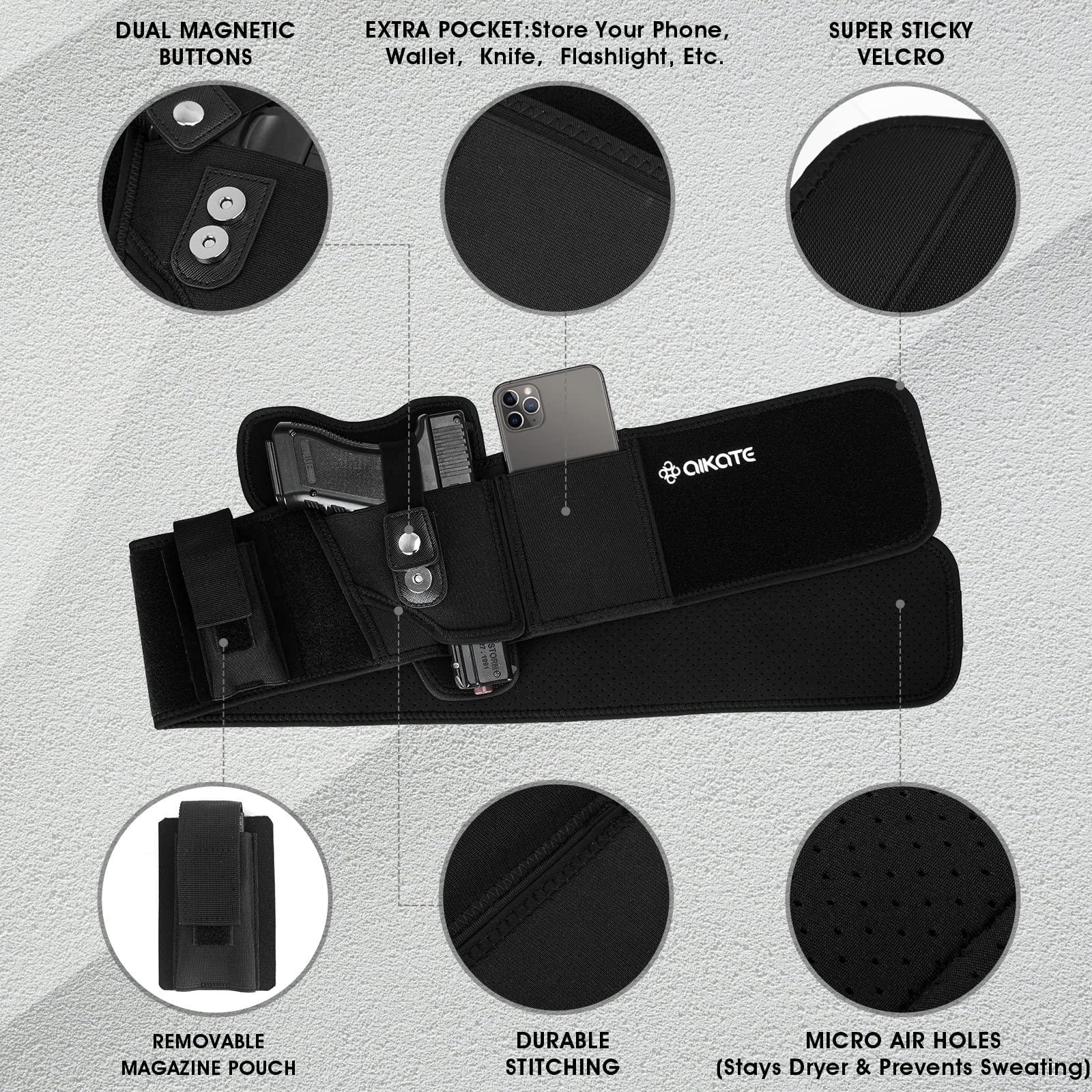 AIKATE Upgraded Belly Band Holster for Concealed Carry, Deep Concealment Gun Holster for Women/Men, Waist Holsters Fits for Glock 19, 17, 26, 43, Sig P365, Taurus G2C, Ruger, S&W M&P Shield 9MM Most Pistols