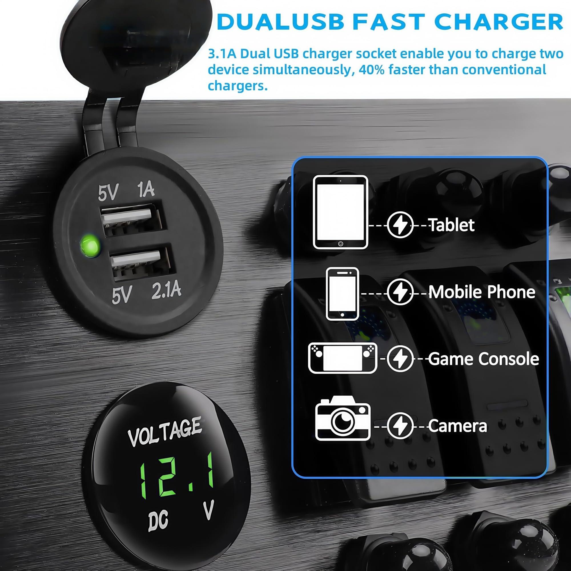 NineFit Basics 10 Gang Marine Rocker Switch Panel with Fuses, LED Voltmeter Dual USB Car Charger Power Socket Boat Horn Button 12V 24V RV Waterproof Switch Panel with Breakers for Truck Automotive (Green)